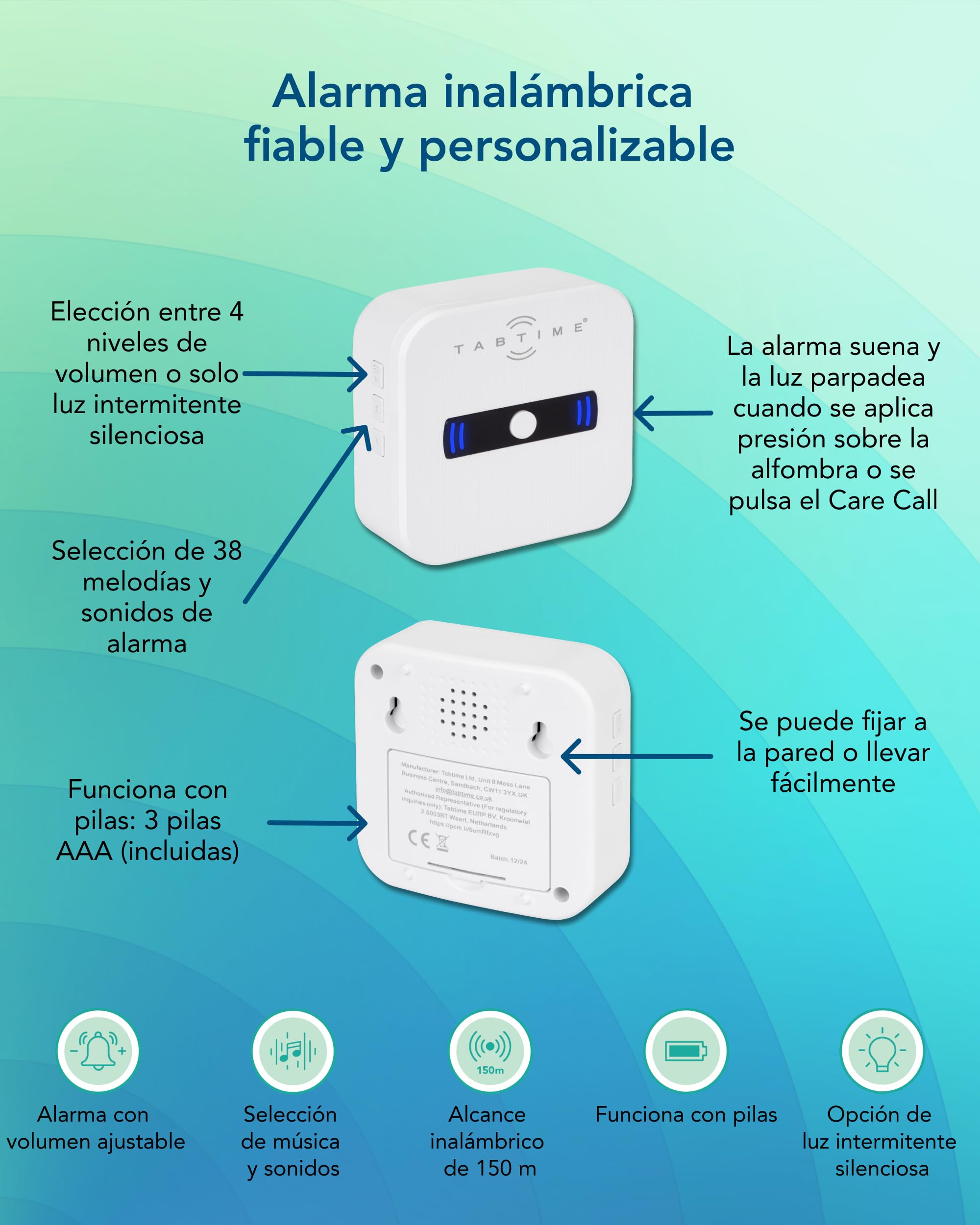 TabTime Alfombrilla de presión de alarma y llamada de cuidado, alfombrilla con sensor de suelo, sensor de presión, alarma de cama para ancianos, sistema Simply Safe