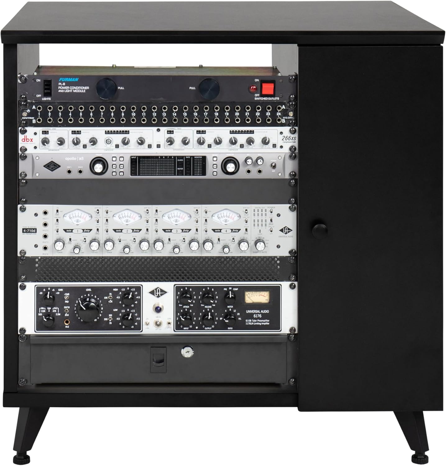 Cabinet with various rack-mounted audio equipment