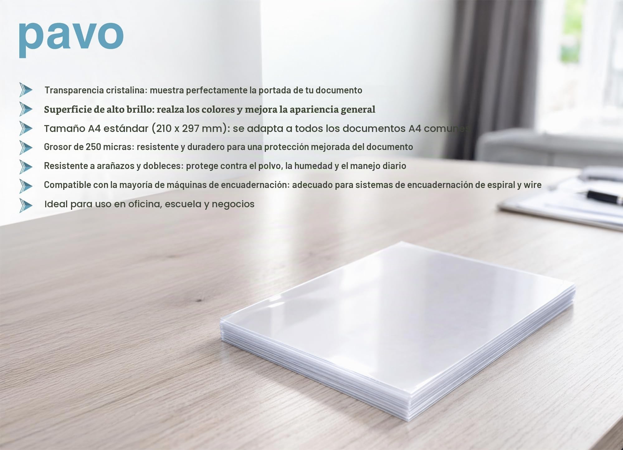Pavo - A4 Portadas para encuadernar de PVC transparente, 250 micras, pack de 100