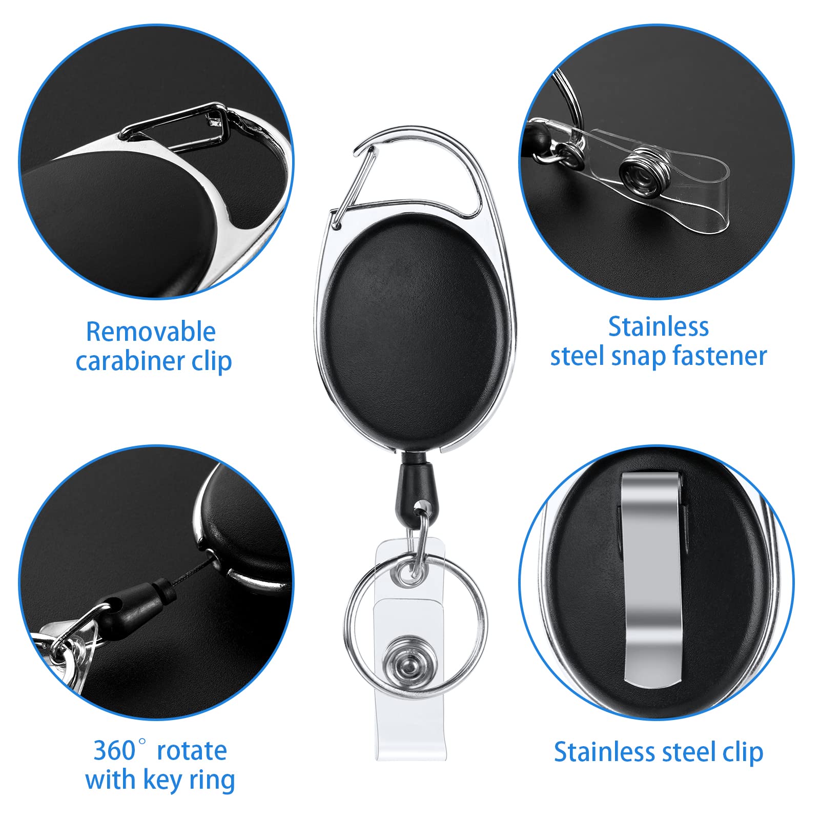 Viccoon Retractable 4pcs Heavy Duty Keychain & Badge Holder, 2 in 1 Reel Clips, Key Belt & ID Card Holder, Black - Image 3