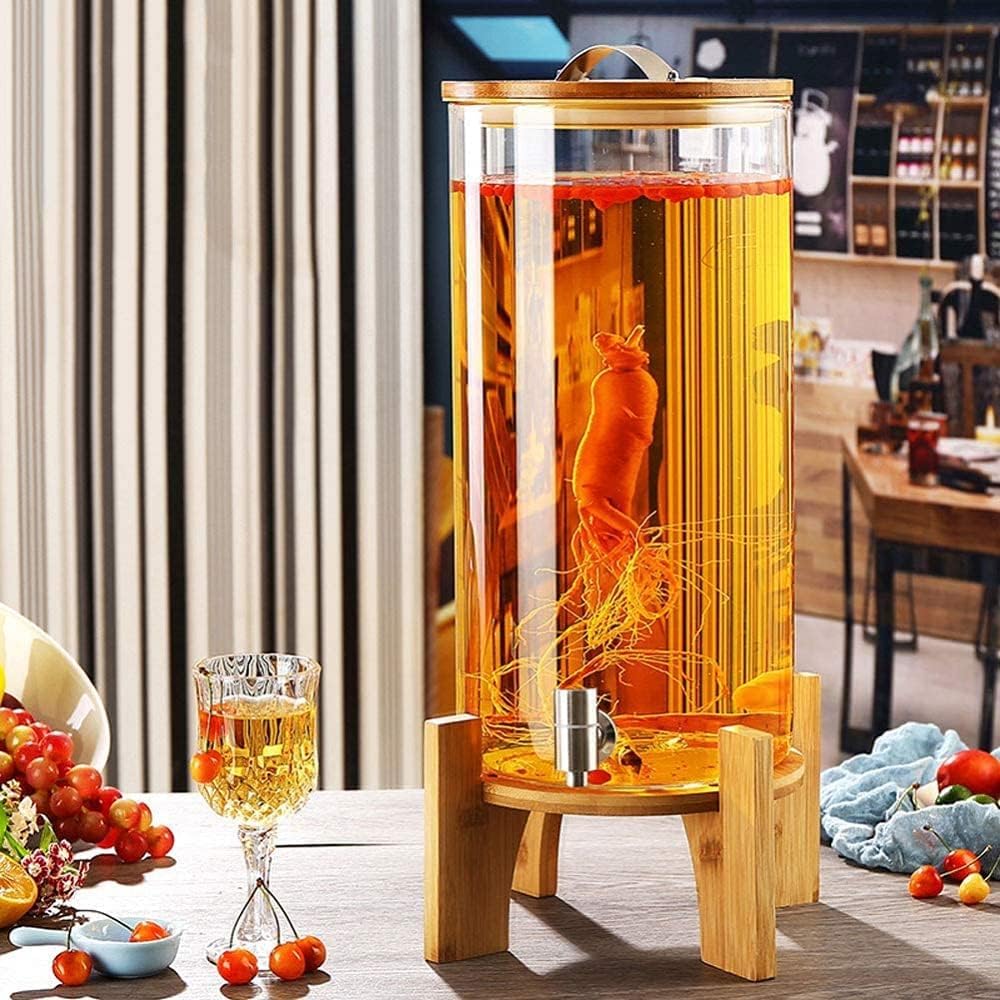 Dispensador De Bebidas con Grifo De Acero Inoxidable, Botella De Zumo De Cristal con Soporte De Madera, Grifo De Acero Inoxidable De Diseño Vintage con Base De Bambú, Bo,5L