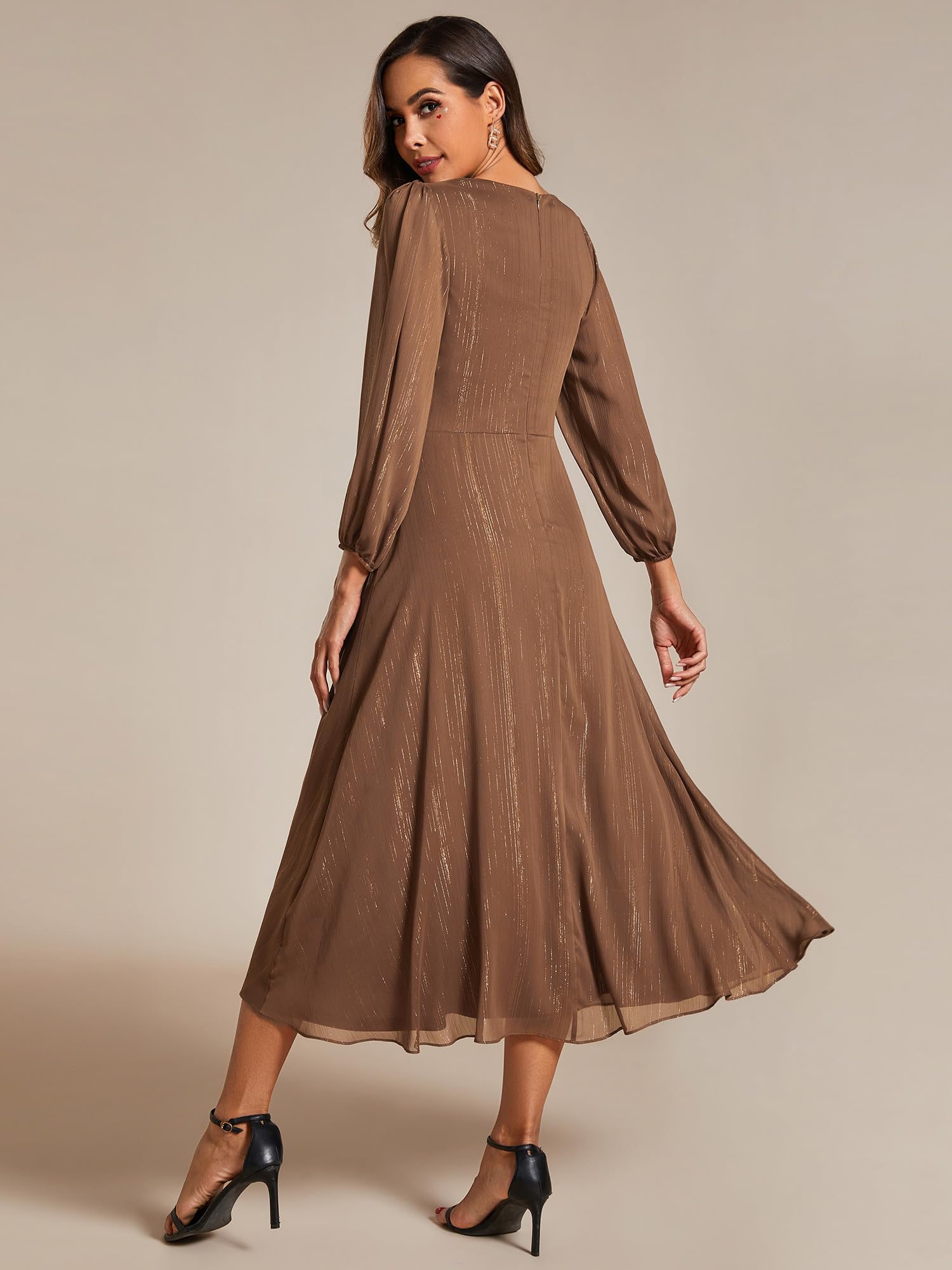 Ever-Pretty Vestito Elegante Donna Cerimonia Manica Lunga Collo A V Gonna Midi Abito da Sera EE01977