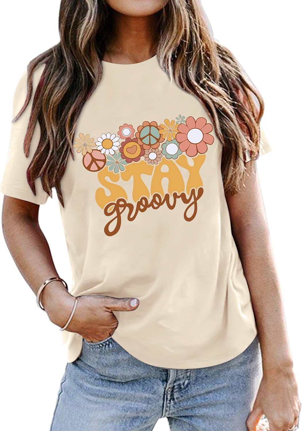 Retro Stay Groovy Shirt Womens Floral Hippie 70s Disco Outfits Casual Short Sleeve Tee Tops - Image 2