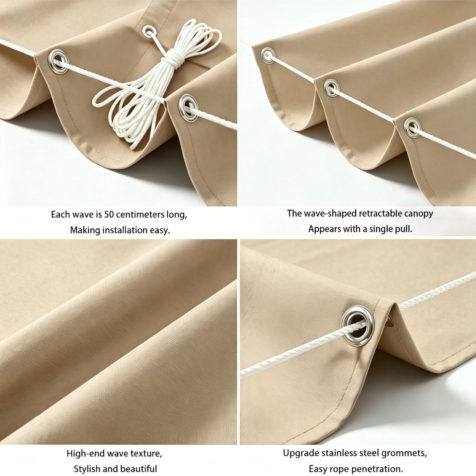 Rozwijany żagiel przeciwsłoneczny Wave, regulowana osłona przeciwsłoneczna do pergoli, dostępne rozmiary niestandardowe, do ogrodu i na zewnątrz-Light Khaki||300x650cm