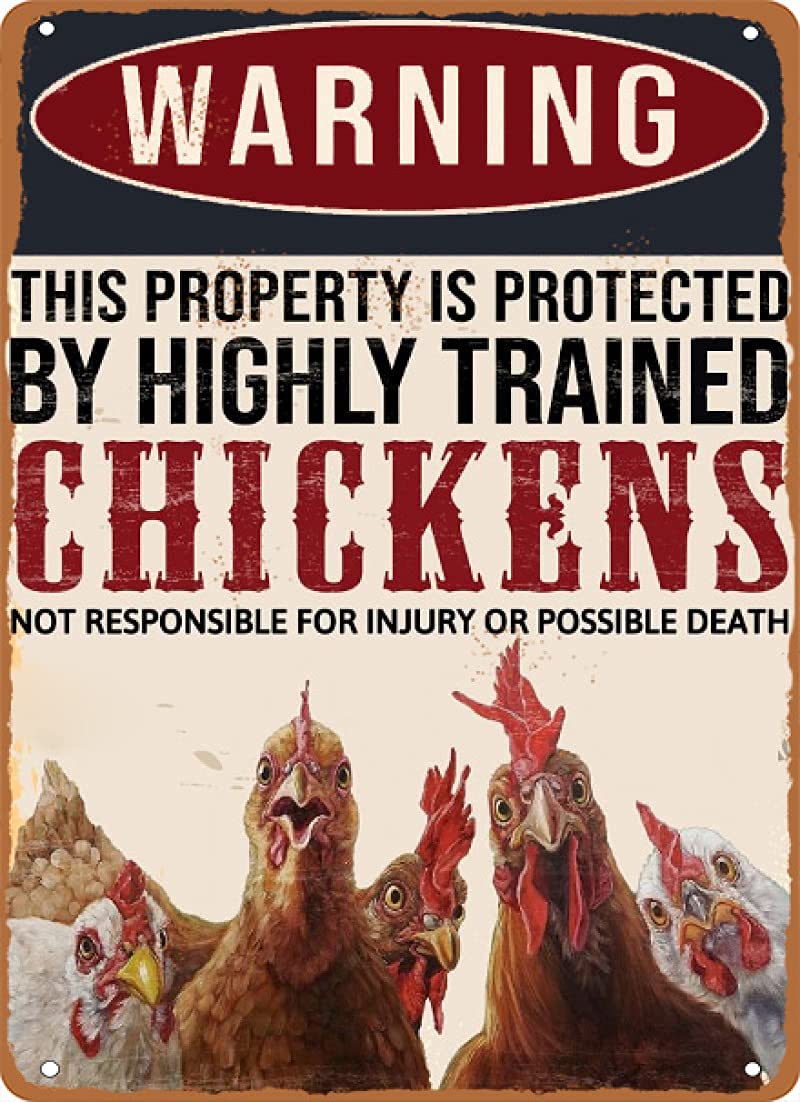 Lawenp Warning This Property is Protected by Highly Trained Chickens Vintage Wall Decor Bar Decor Aluminum Sign for Home Kitchen Bar Funny Sarcastic Metal 8 x 12 Inches Tin Sign
