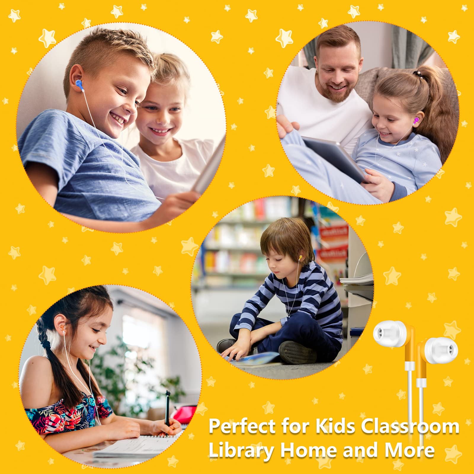 Confezione da 200 auricolari per bambini, perfetti per scuola, aule, biblioteche, studenti, multicolore, confezionati singolarmente (10 colori misti)