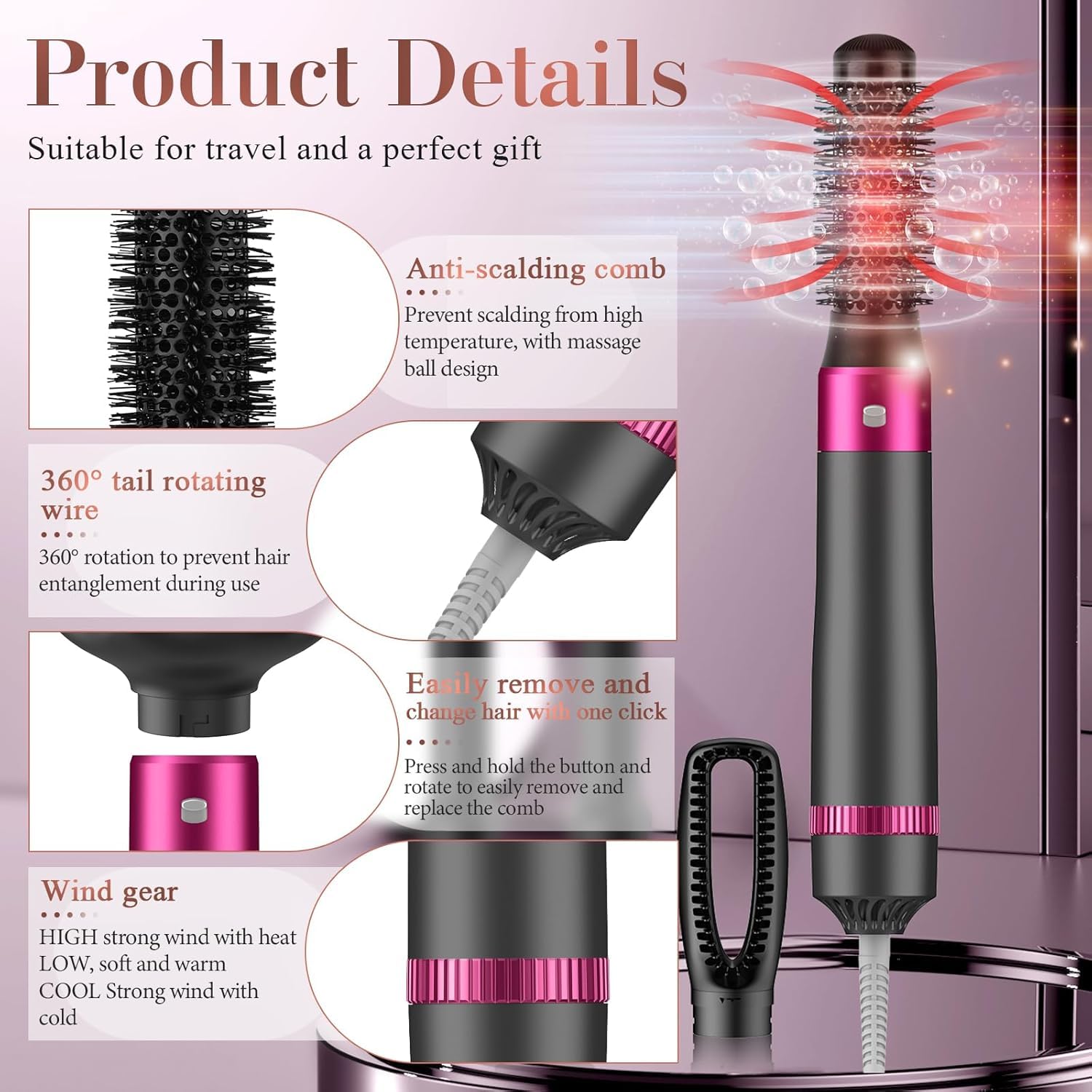 Cepillo Secador de Pelo 5 en 1,Multifunción Air Styler Set 1000W, Cepillo de Aire Caliente Multifunción, Moldeador Pelo With Riza 3 Temperaturas 5 Accesorios para Alisar, Volumen y Secar el Cabello