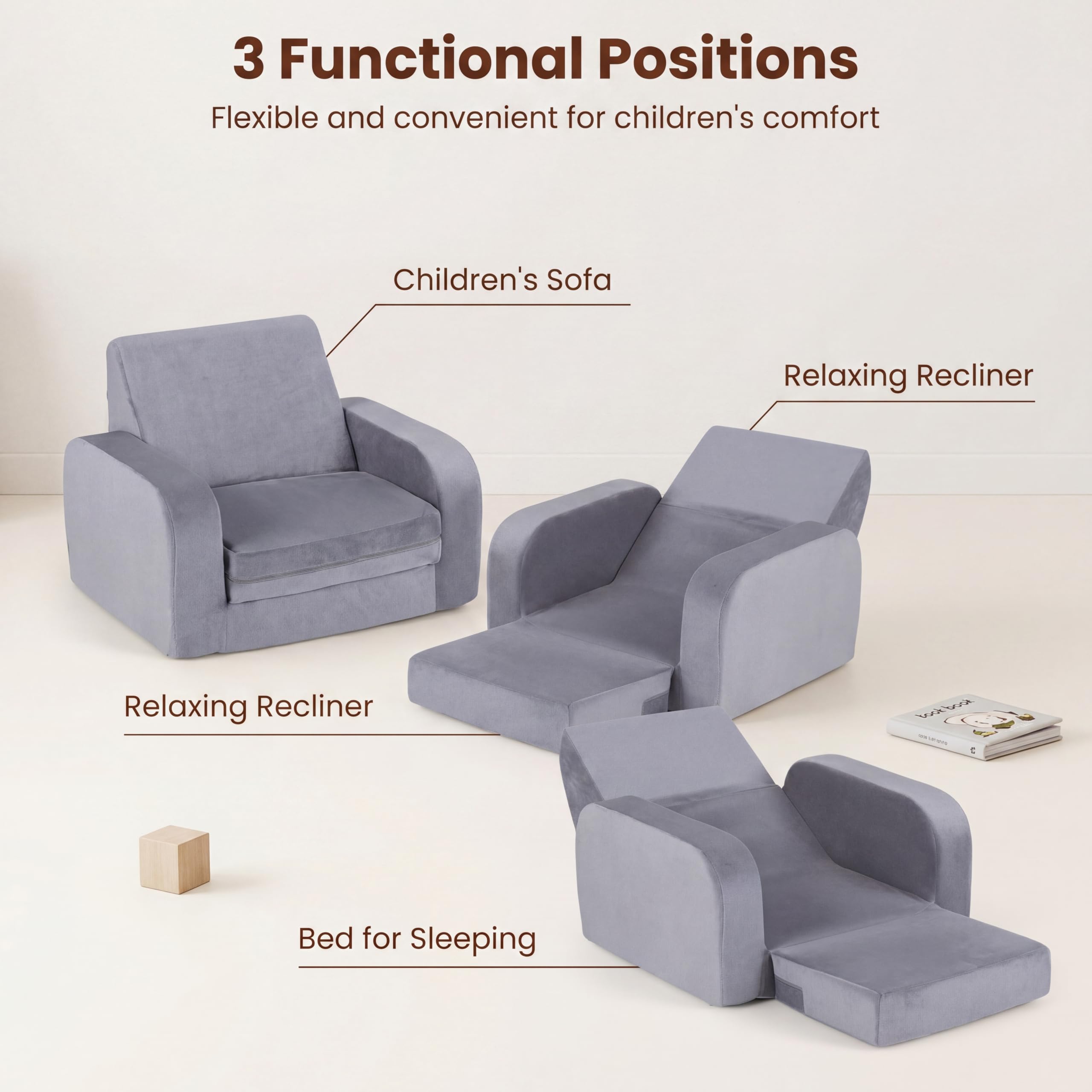 LIFEZEAL Canapé Enfant Depliant 3 en 1, Mini Canapé Enfant Pliable avec Housse Amovible en Velours Cristal, Canapé-lit en Mousse, Fauteuil Bebe pour Chambre et Salle de Jeux (Gris, Plié en 3)