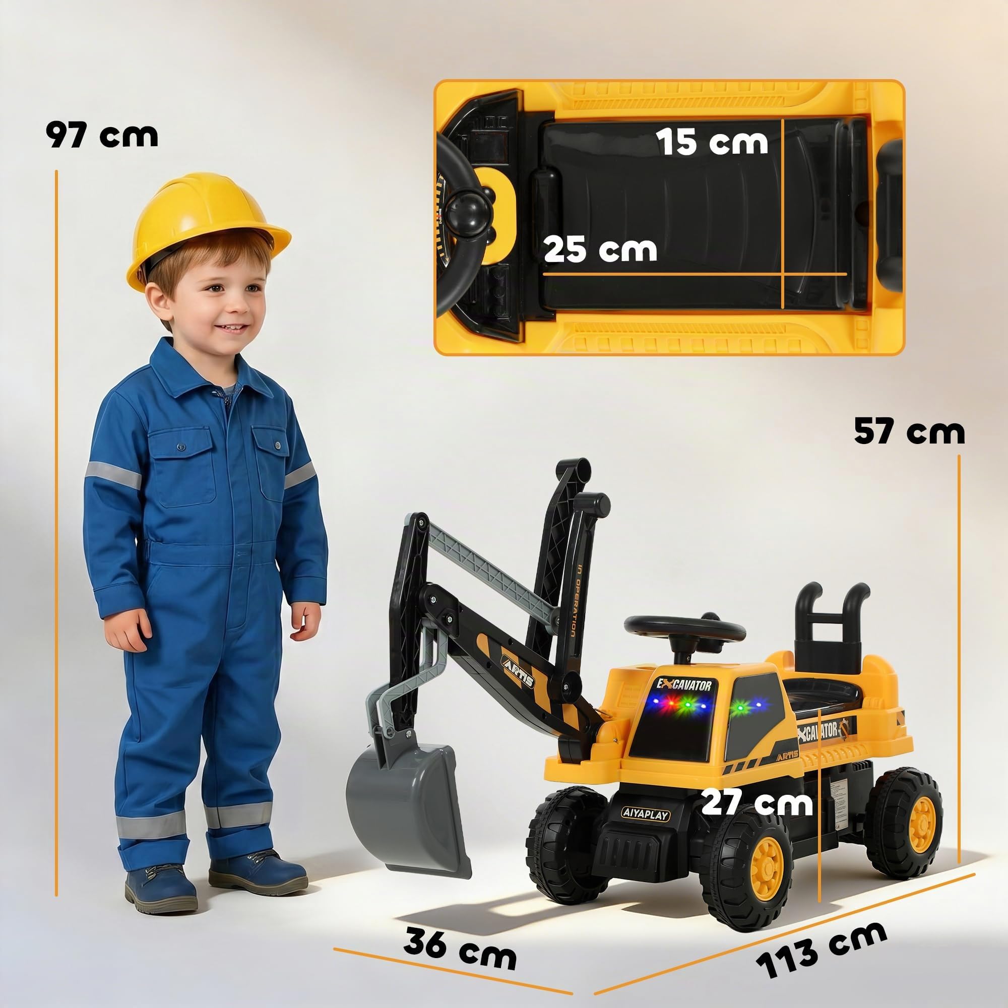 AIYAPLAY Sitzbagger Aufsitzbagger mit Schaufel Lenkrad, 1,5-3 Jahre, Gelb | Kinderbagger, Drehbar Aufbau, Verstellbar Rückenlehne, Rutschauto, Spielzeugbagger zum Sitzen, Bis 25kg