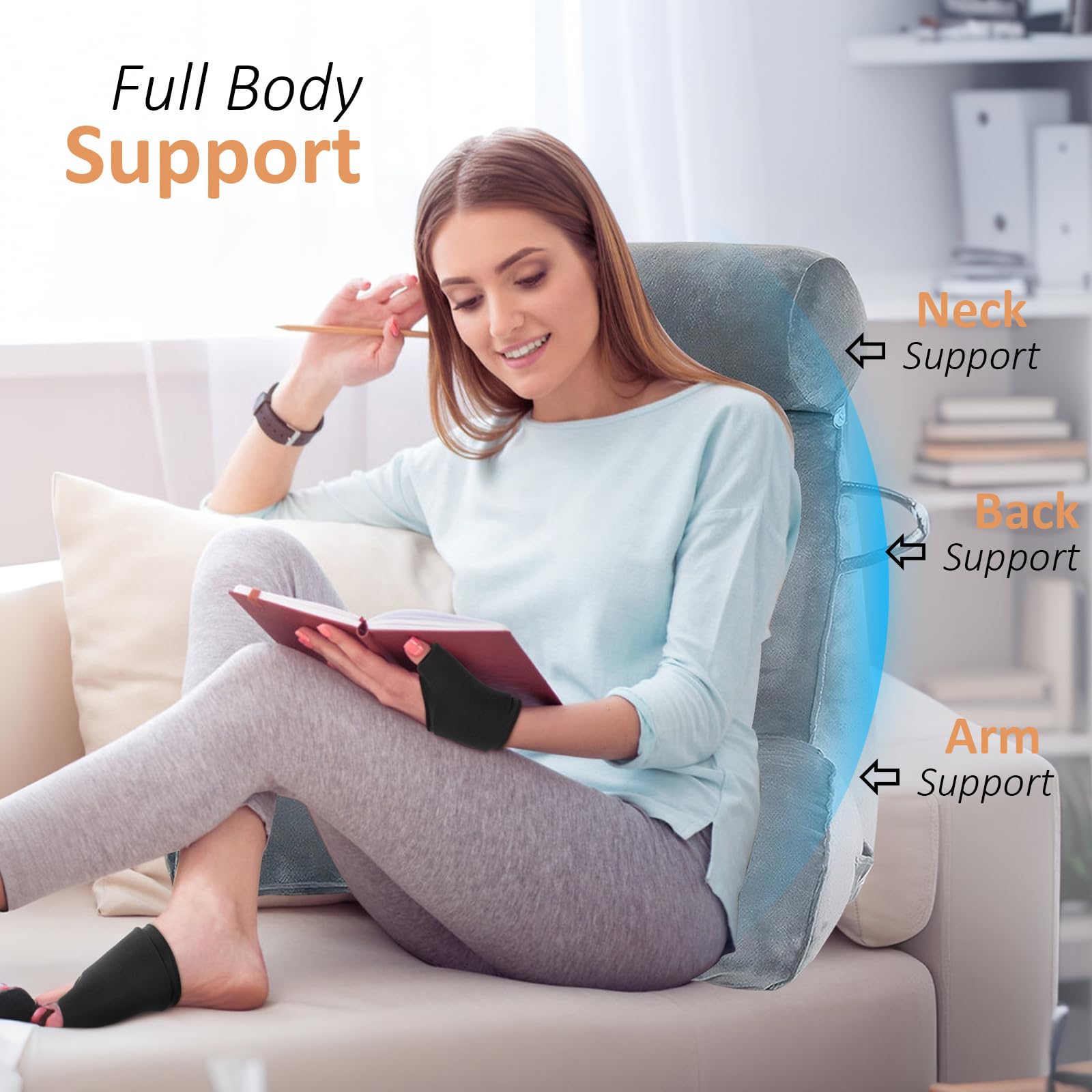MINGPINHUIUS XL Poduszka do czytania do łóżka i sofy z odpinaną poduszką na szyję, idealna poduszka na plecy dla dorosłych z pianką memory foam dla komfortowego czytania, pracy, zabawy, oglądania