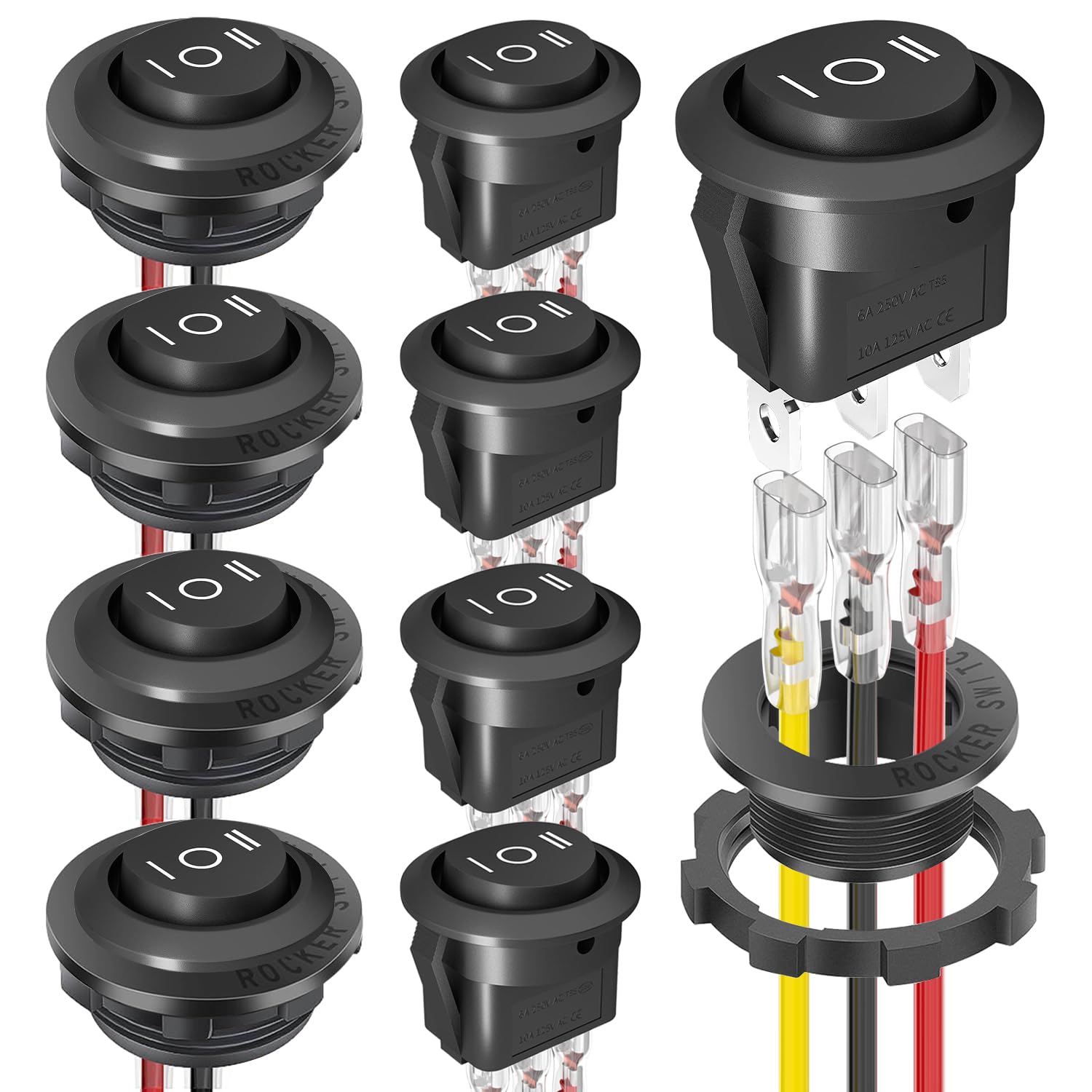 Round Rocker Switch, 3 Way Toggle Switchs, AC 125V 10A AC 250V 6A Waterproof Toggle Switch, 8 Pack Toggle Switch, Rocker Switch, with 4 Pack Shell and 24 Pack Terminal Wire