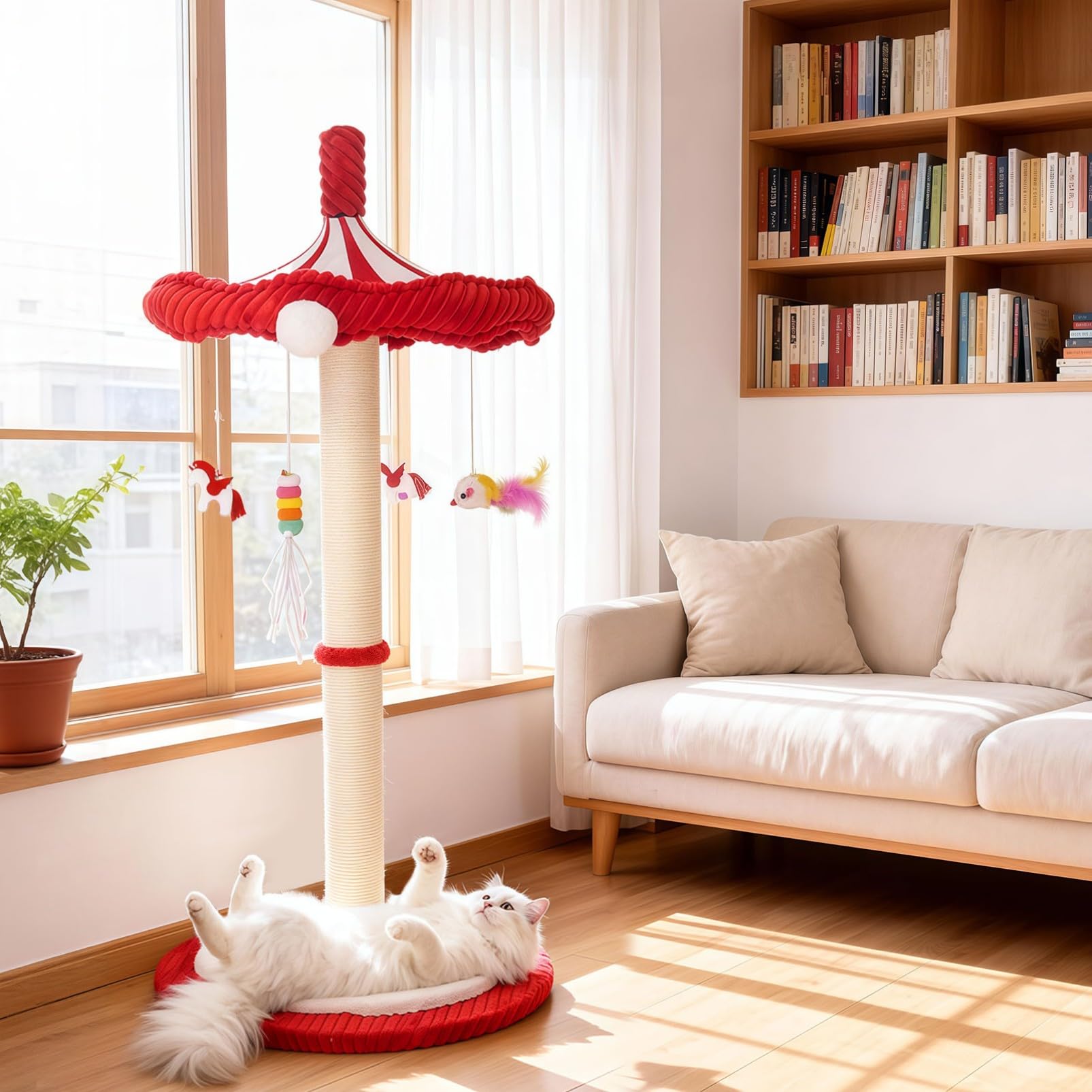Carousel Interaktives Katzenspielzeug für Indoor-Katzen, 99,1 cm hohe Katzenkratzbäume für Indoor-Katzen Erwachsene mit drehbarem Oberteil, niedlicher Katzenkratzbaum mit hängendem