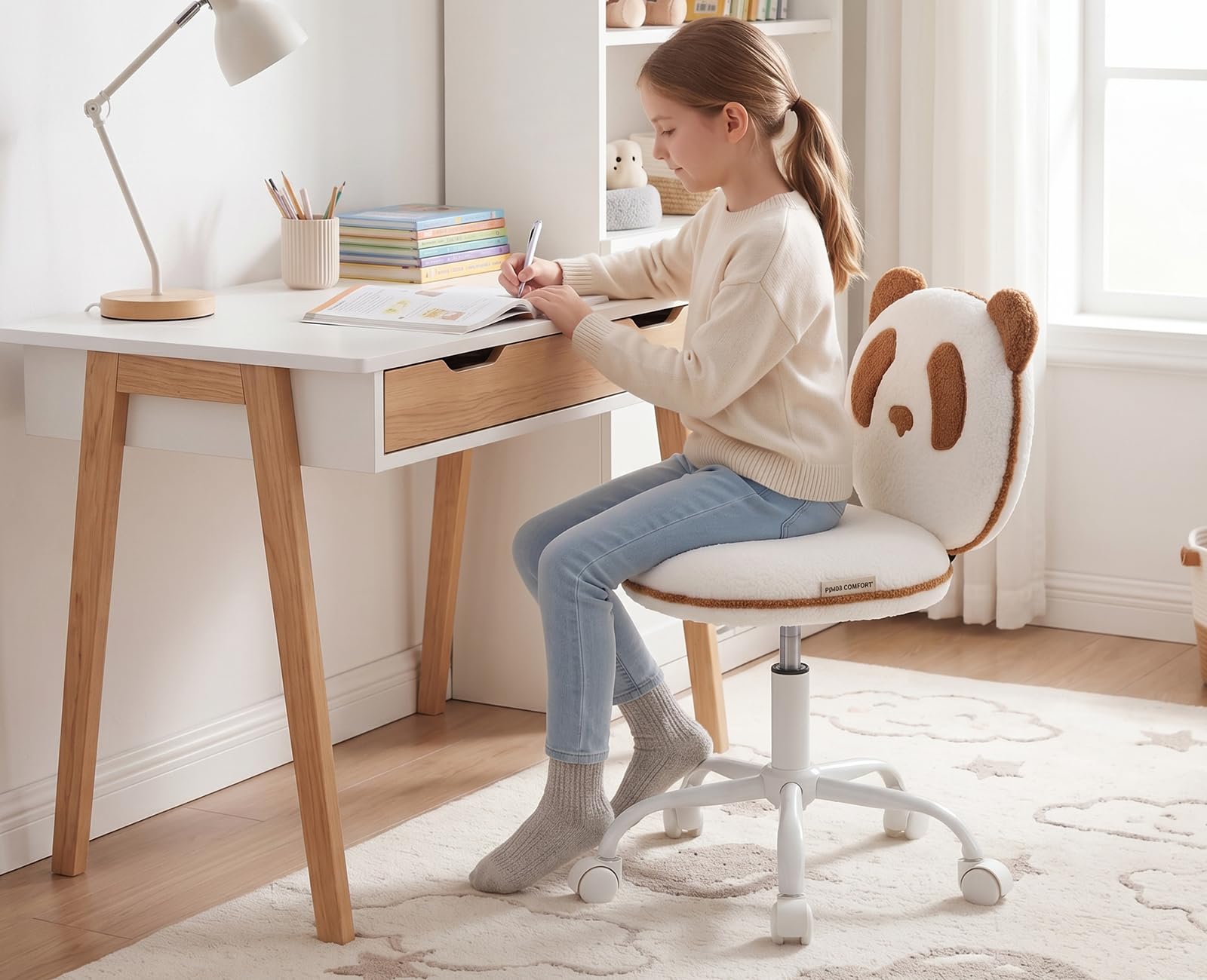 Chaise de Bureau Enfant Pivotante Chaise pour Enfants Réglable avec Motif Panda Fauteuil Ergonomique pour Étudier et Lire, Marron