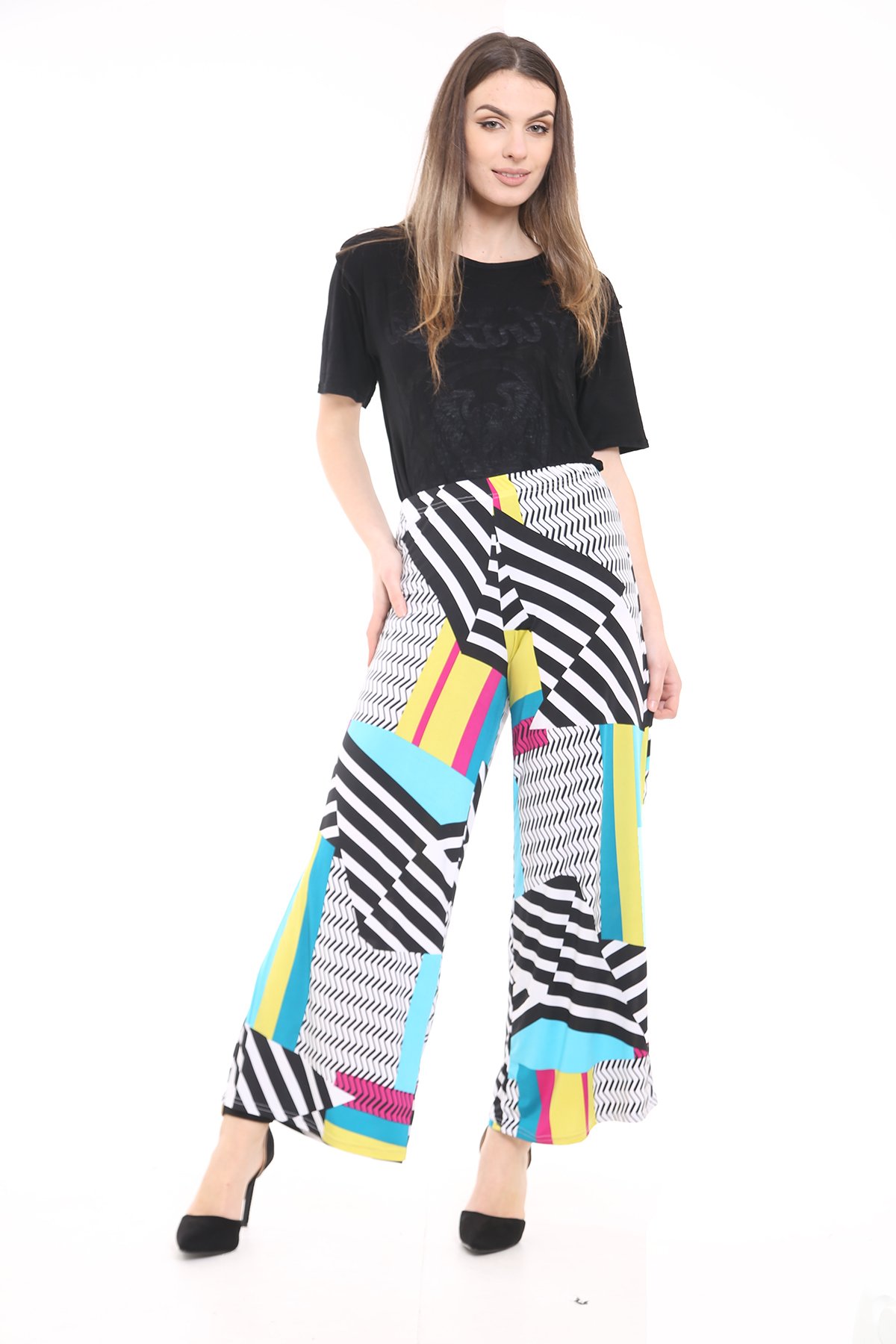 WearAll Plus Size Womens Plain Palazzo Wide Leg Flared Ladies Trousers Pants - 16-26