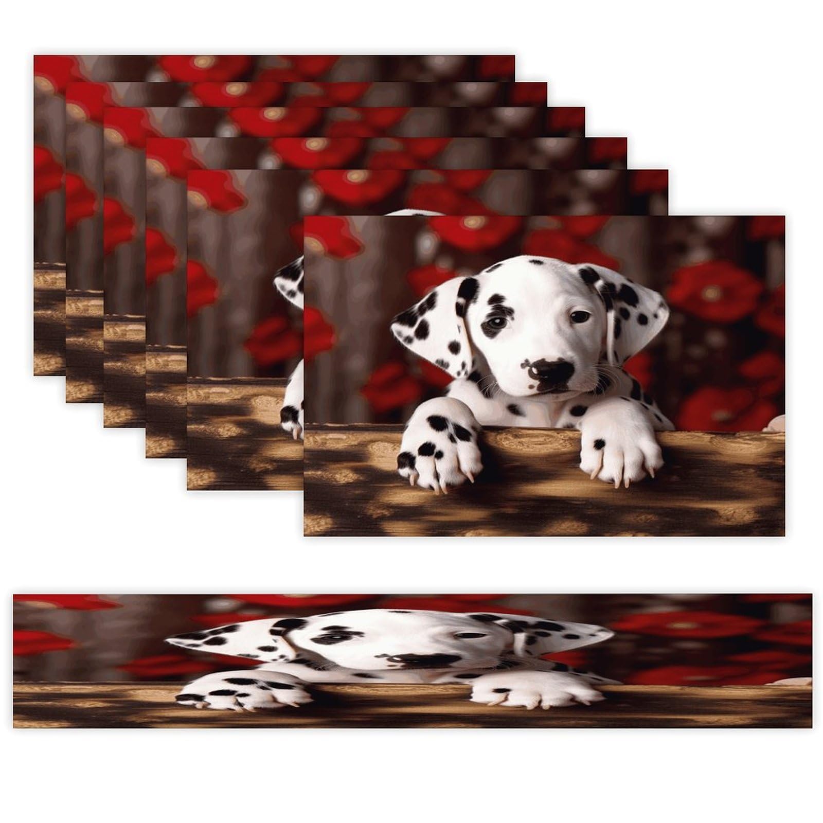 Dalmatian Puppy Table Runner and Placemats Set of 6 for Kitchen Washable Table Mats Heat Resistant Place Mats Non-Slip Place Mat Wipeable Placemat(6 Placemats+1 Table Runner)