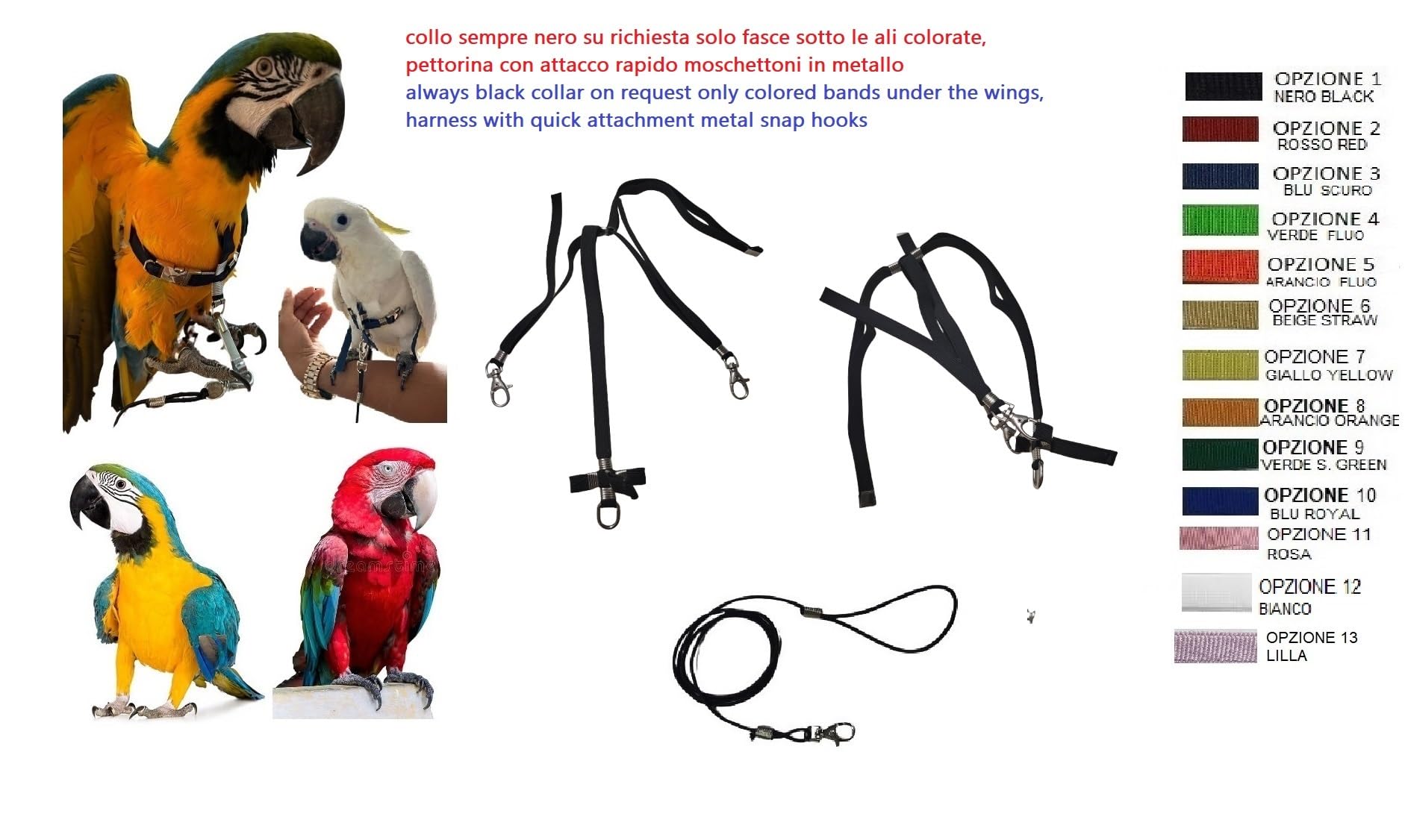 Adjustable Parrot Harness, 10 mm, Black Neck, Coloured Bands, 2 Hooks Metal Leash 3 mm 1 m (Black Neck Black Bands) - Image 3