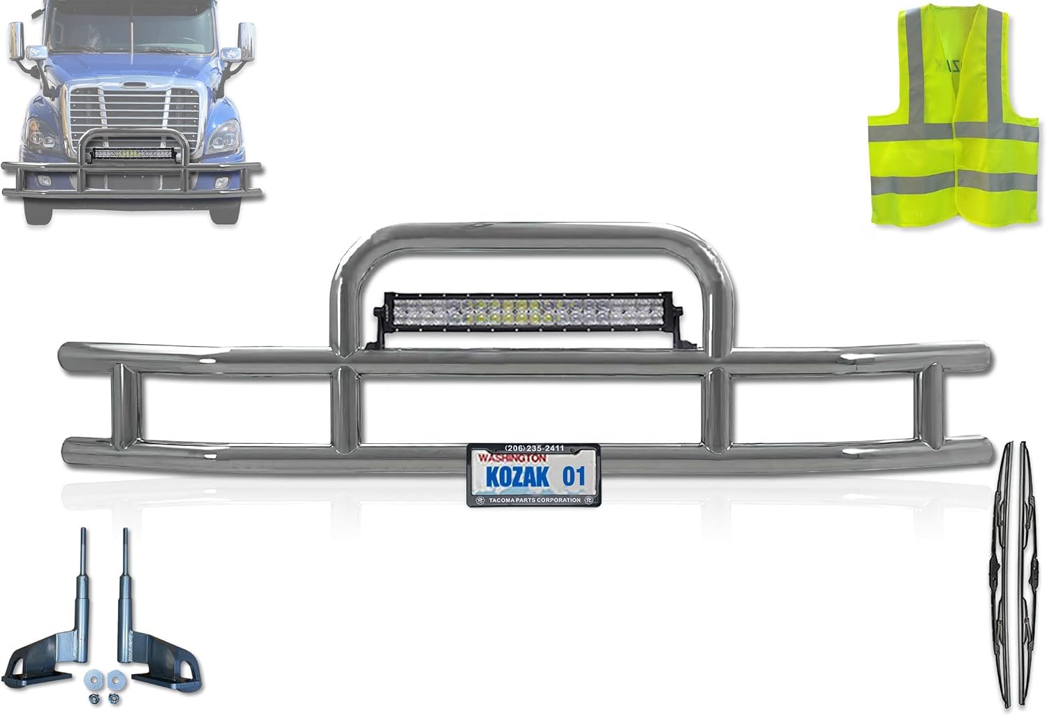 Front Bumper Grille Deer Brush Moose Guard - Round- 22" LED Bar, License Plate Holder, Bracket, Logo, and 1x KOZAK Reflective Vest Included Compatible With Freightliner Cascadia 2008-2017