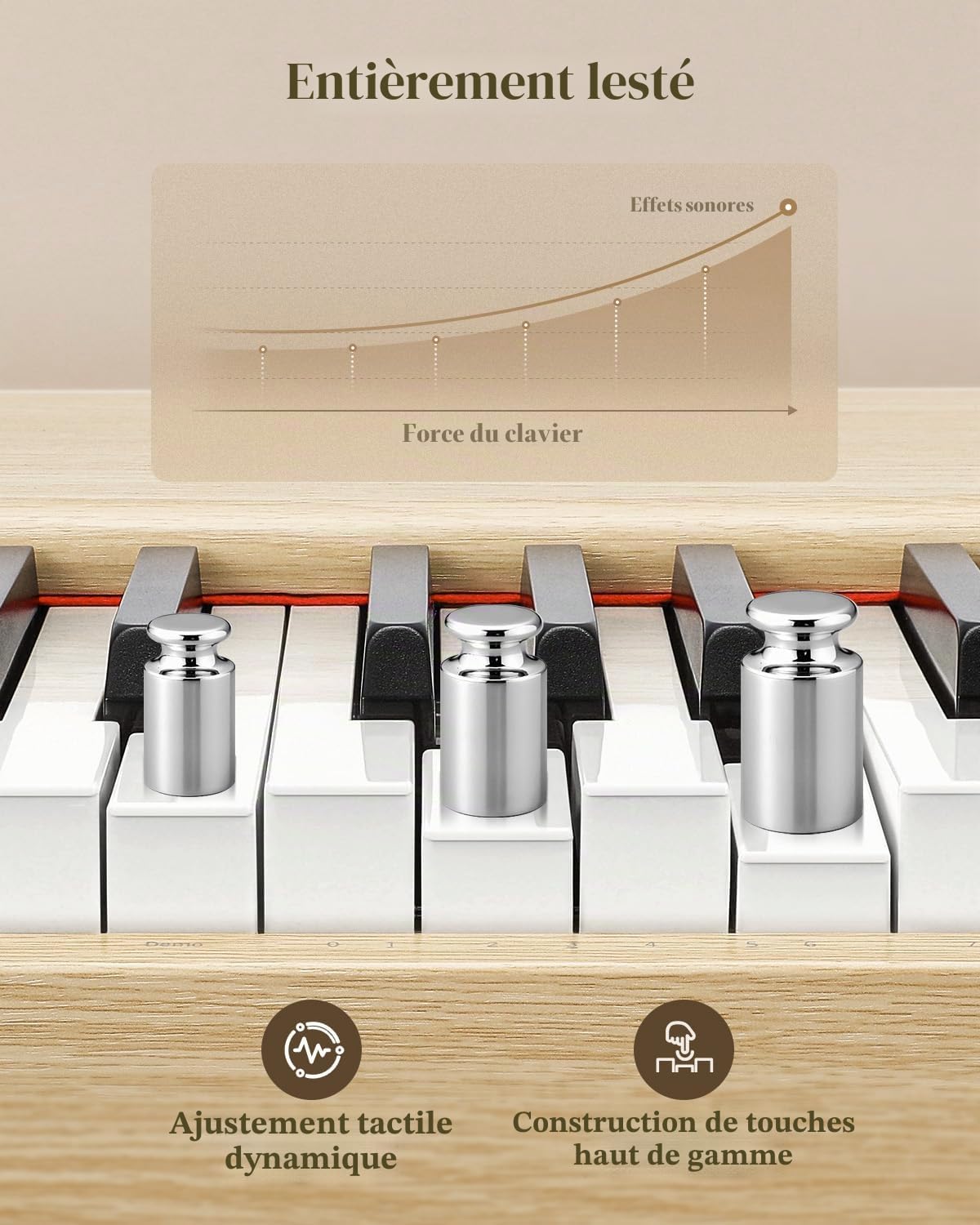 Eastar EUP-110 Piano Numérique 88 Touches Lestées, Piano Électrique Domestique pour Débutant, avec Casque, Autocollants Musicaux, Écran, 3 Pédales, Connexion Sans Fil, Enregistrement - Bois Clair