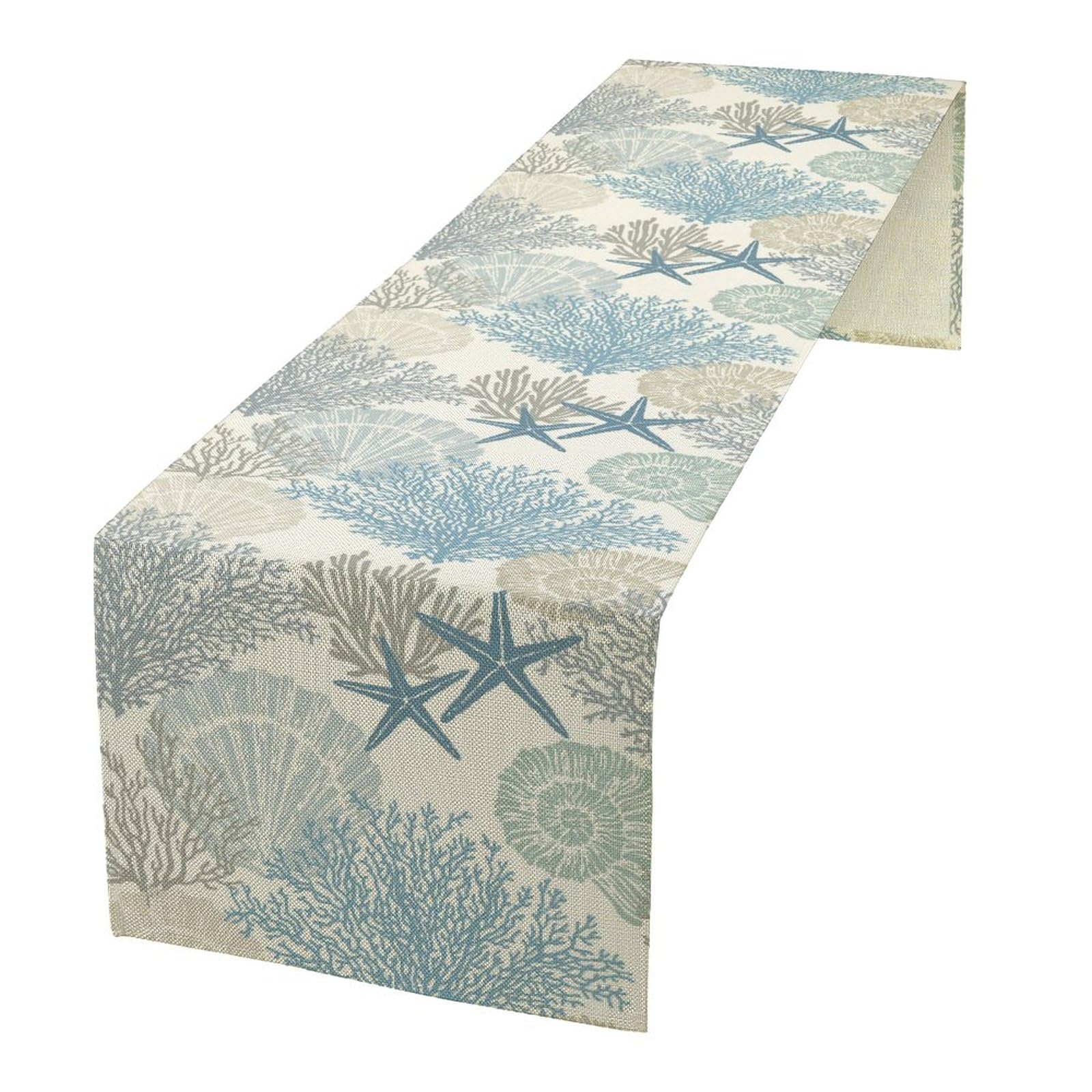 Coastal Beach Table Runner,Sea Animals Starfish Summer Theme Nautical Sea Shells Satrfish Themed Table Runner ,Summer Ocean Home Decor for Table Dining Room Kitchen,Blue,13x36 inch