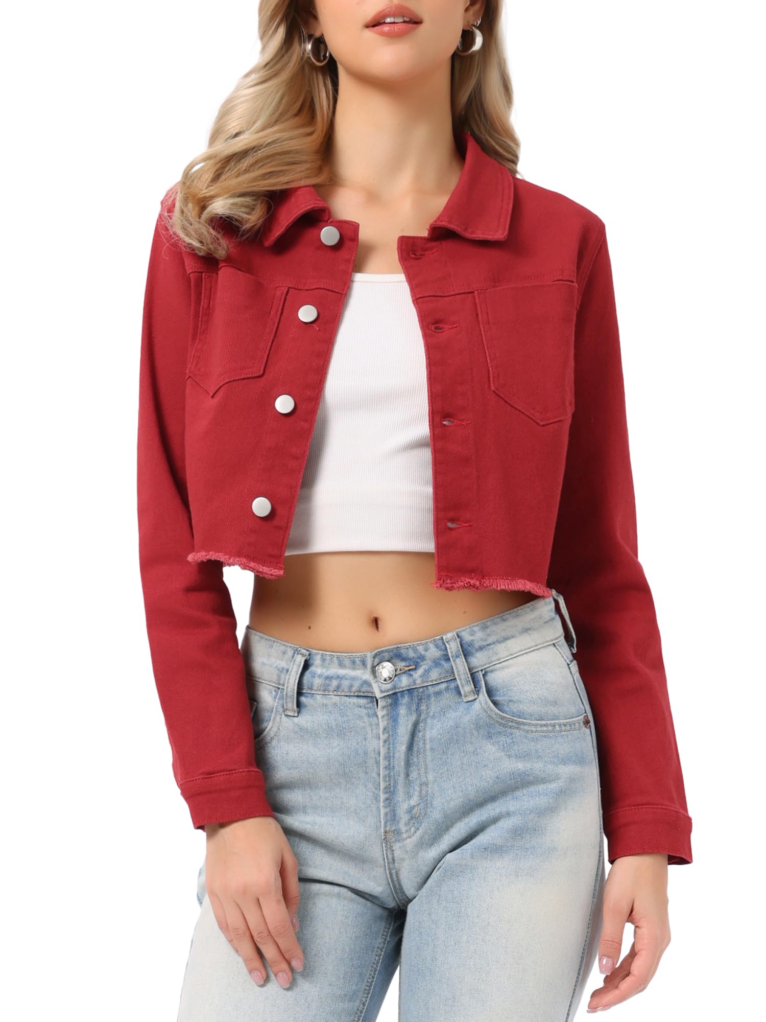 Allegra K Chaqueta vaquera para mujer Chaqueta vaquera recortada lavada con botones deshilachados