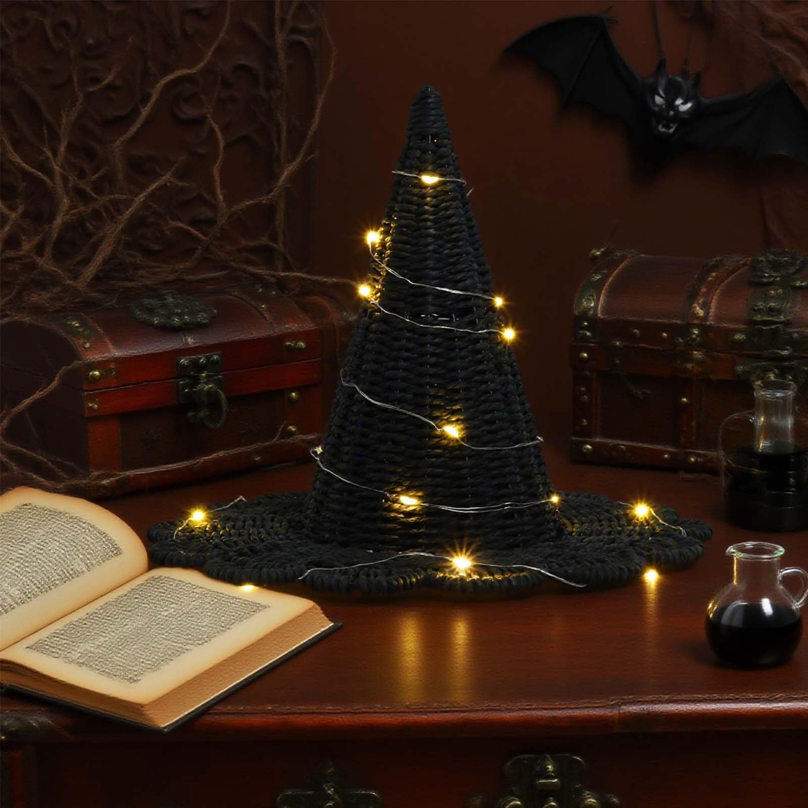 Cappello da strega di Halloween fatto a mano, ornamento decorativo da tavolo lavorato a maglia nera per feste in casa, carino Halloween
