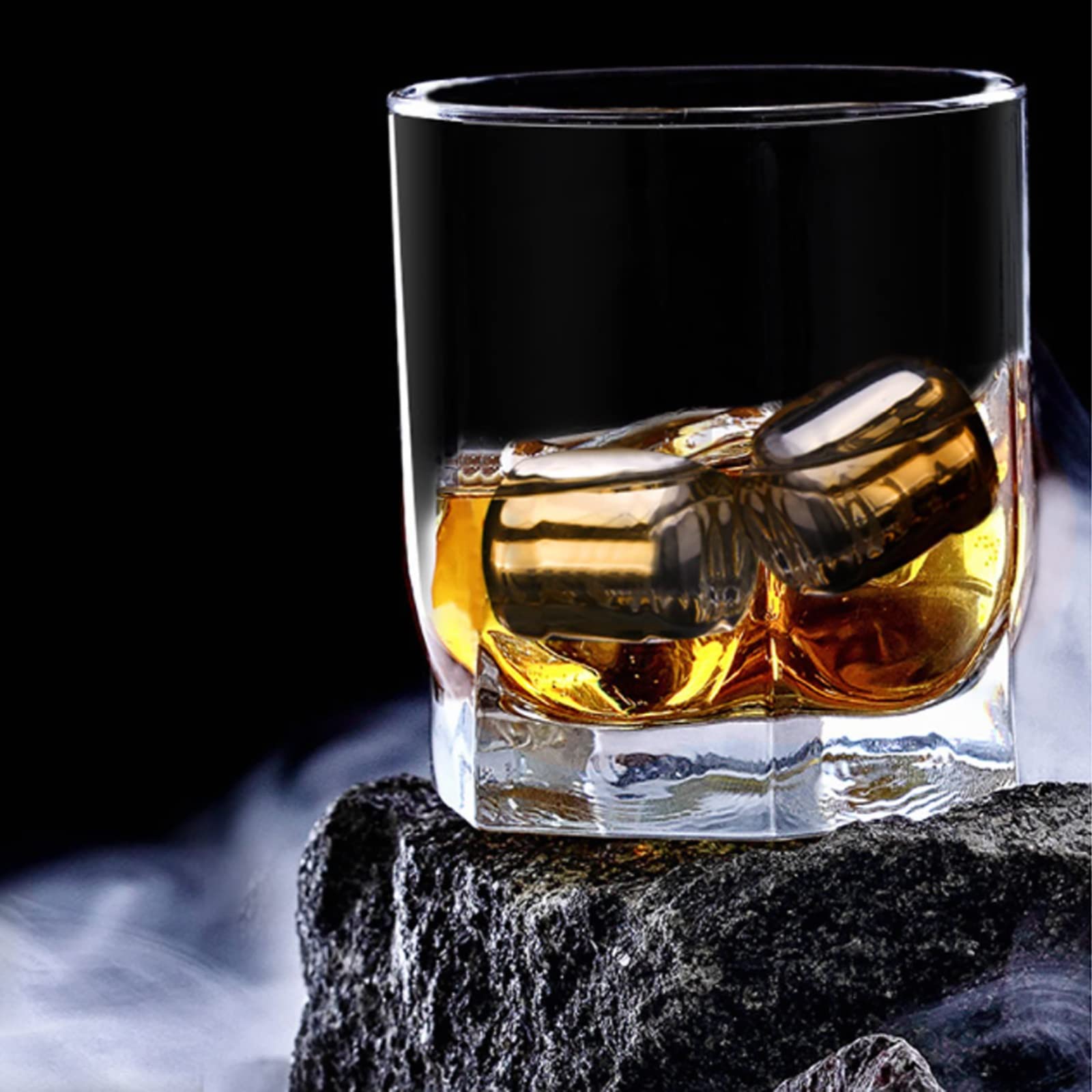 4 kamienie do whisky, metalowe kostki lodu ze stali nierdzewnej, skały whisky wielokrotnego użytku kamienie chłodzące do napojów i bourbon, zestaw upominków do picia dla mężczyzn tata mąż, prezent na