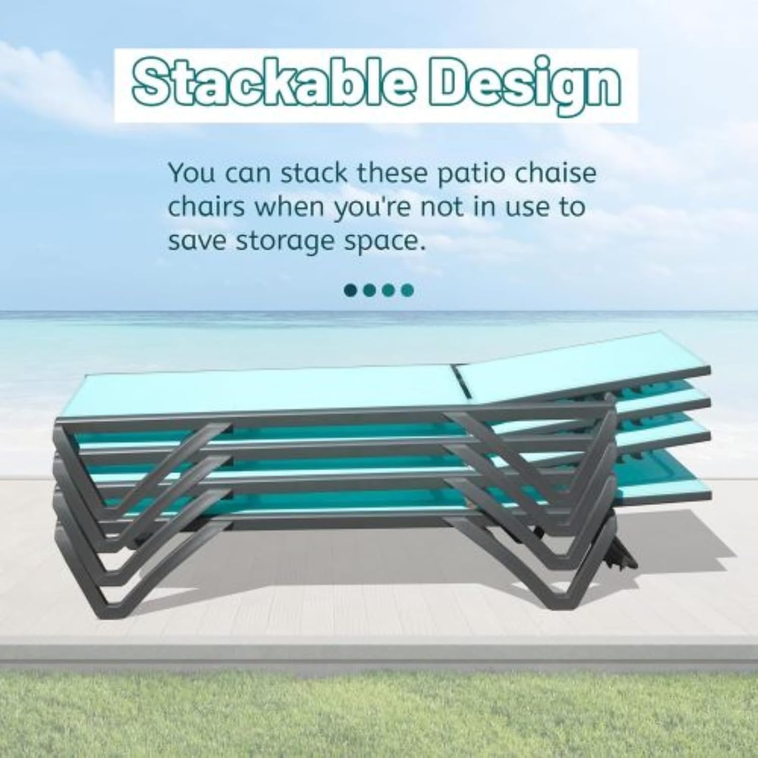Outdoor Lounge Chair, Set of 2 Aluminum Adjustable Pool Lounge Chair, Beach Chair, Sun Lounge Chair, 5-Position Adjustable Backrest and Wheels, Lake Blue