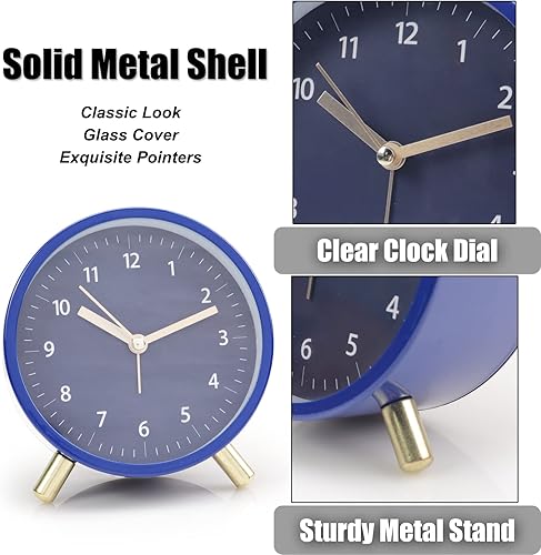 Miniatura 6 de AOLOX Reloj despertador analógico de 4.5 pulgadas para dormitorio, funciona con pilas, reloj redondo con luz de fondo, todo negro