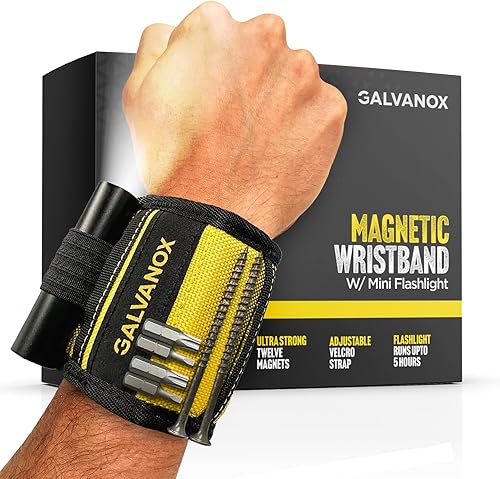 Miniatura 7 de Galvanox Pulsera magnética con luz de trabajo manos libres (3 modos) para sujetar tornillos, clavos y brocas, nailon duradero con potentes imanes,