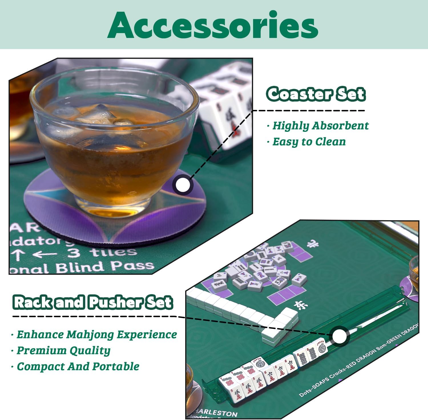 Mahjong Mat with 2-in-1 Mahjong Racks & Coasters (32"x32"), Anti-Slip Gaming Mat for Board Games/Dominoes/Poker/Toys, Portabble Noise Reduction Mat for Table Protection with Storage Bag, Green