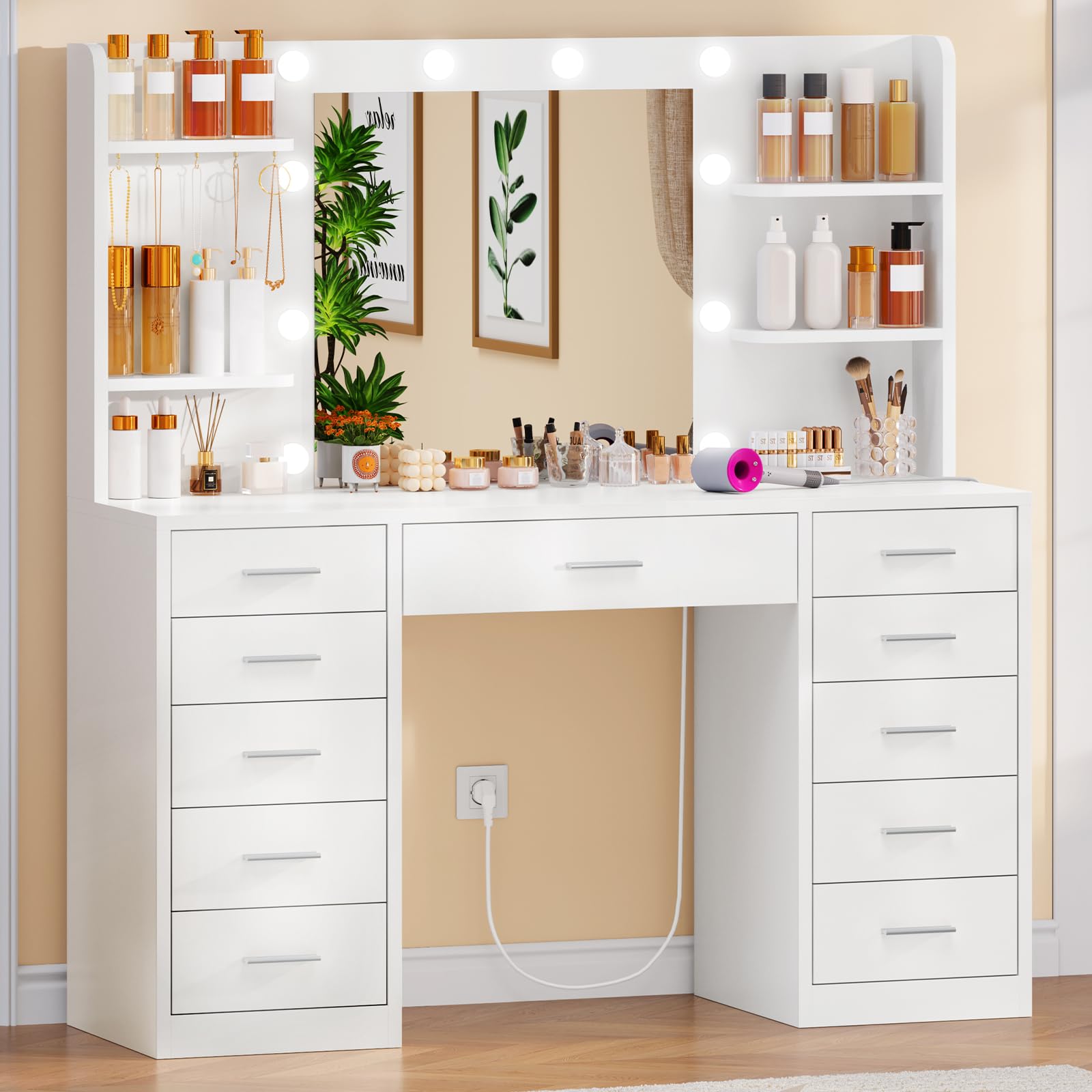 Grande Toeletta, Toeletta da Trucco con Specchio e Luce LED, 3 Colori Regolabili, Postazione Trucco con 11 Cassetti, 4 Ripiani e 5 Ganci, Cassettiera Moderna, Bian