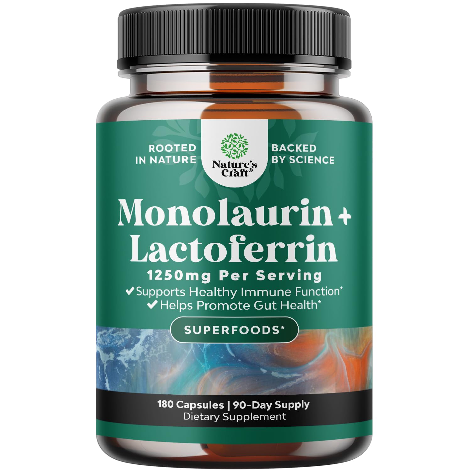 Natures Craft High Strength Lactoferrin & Monolaurin Supplement - Microbiome Digestive Health Immune Support Supplement - 250mg Lactoferrin and Monolaurin 1000mg Capsules - Vegetarian (90 Servings)