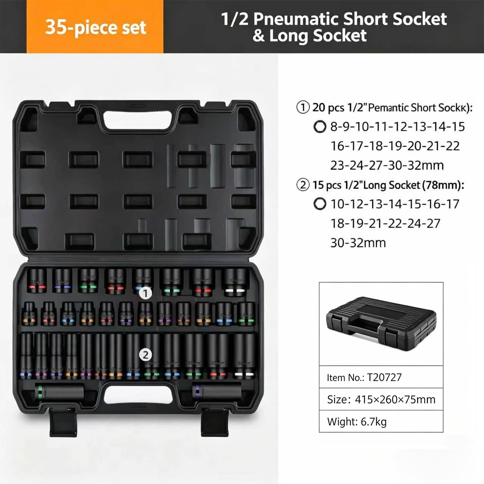 1/2-Zoll-Antrieb, 35-teiliges Schlag-Steckschlüssel-Set, 20 Stück kurz, 8–32 mm und 15 Stück tiefe 10–32 mm 6-Punkt-Stecknüsse, CR-V-Stahl, korrosionsbeständige Farbring-Stecknüsse für Auto, LKW