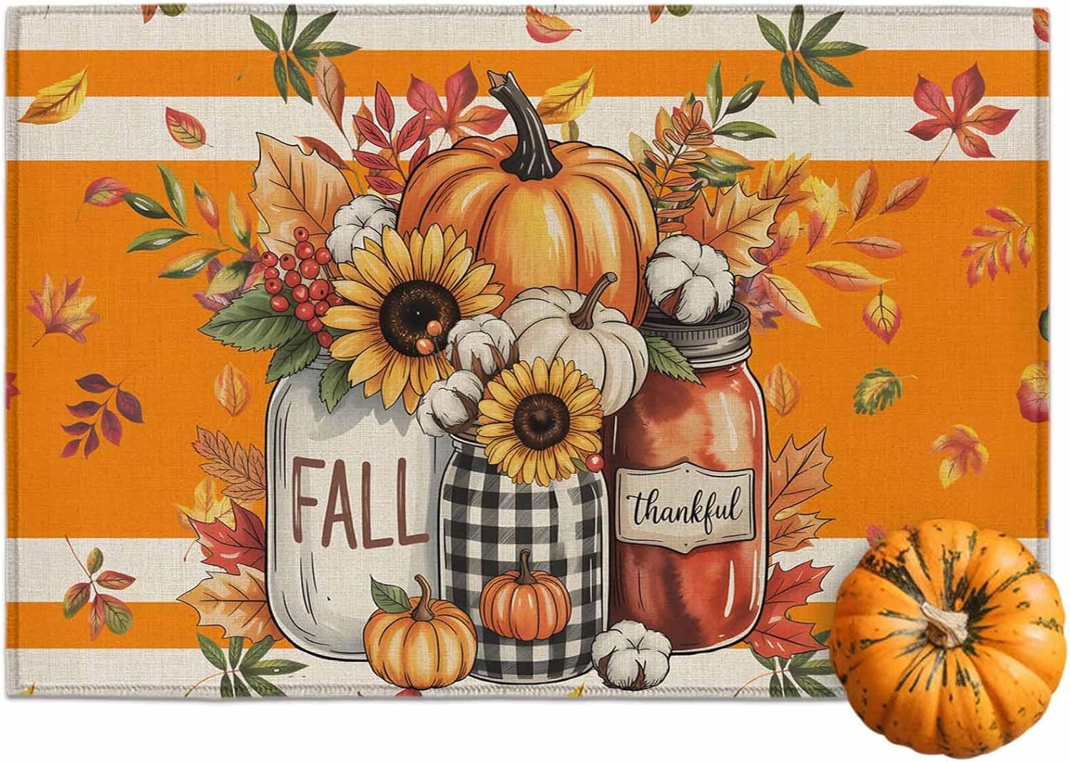 Chic D Fall Door Mat Indoor Entrance Orange Pumpkin Floor Mat Thanksgiving Welcome Matt Outdoor Rugs Non-Slip Absorbent Maple Leaf Autumn Sunflower Doormat for Bathroom Kitchen Front Door 24x16 Inch