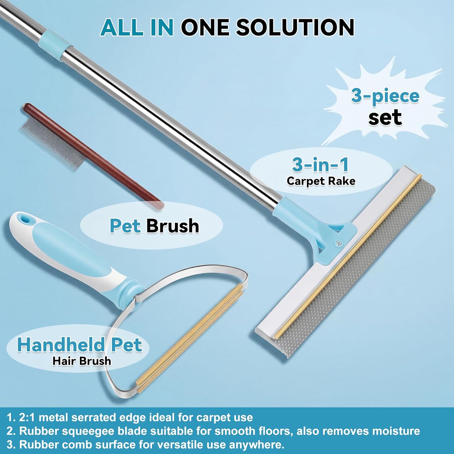 Carpet Rake for Pet Hair Removal Tool, Reusable Pet Hair Rake with 63” Adjustable Long Handle, Cat Dog Hair Remover Carpet Broom and Scraper, for Carpets, Rugs, Mats, Couch, Furniture, Car