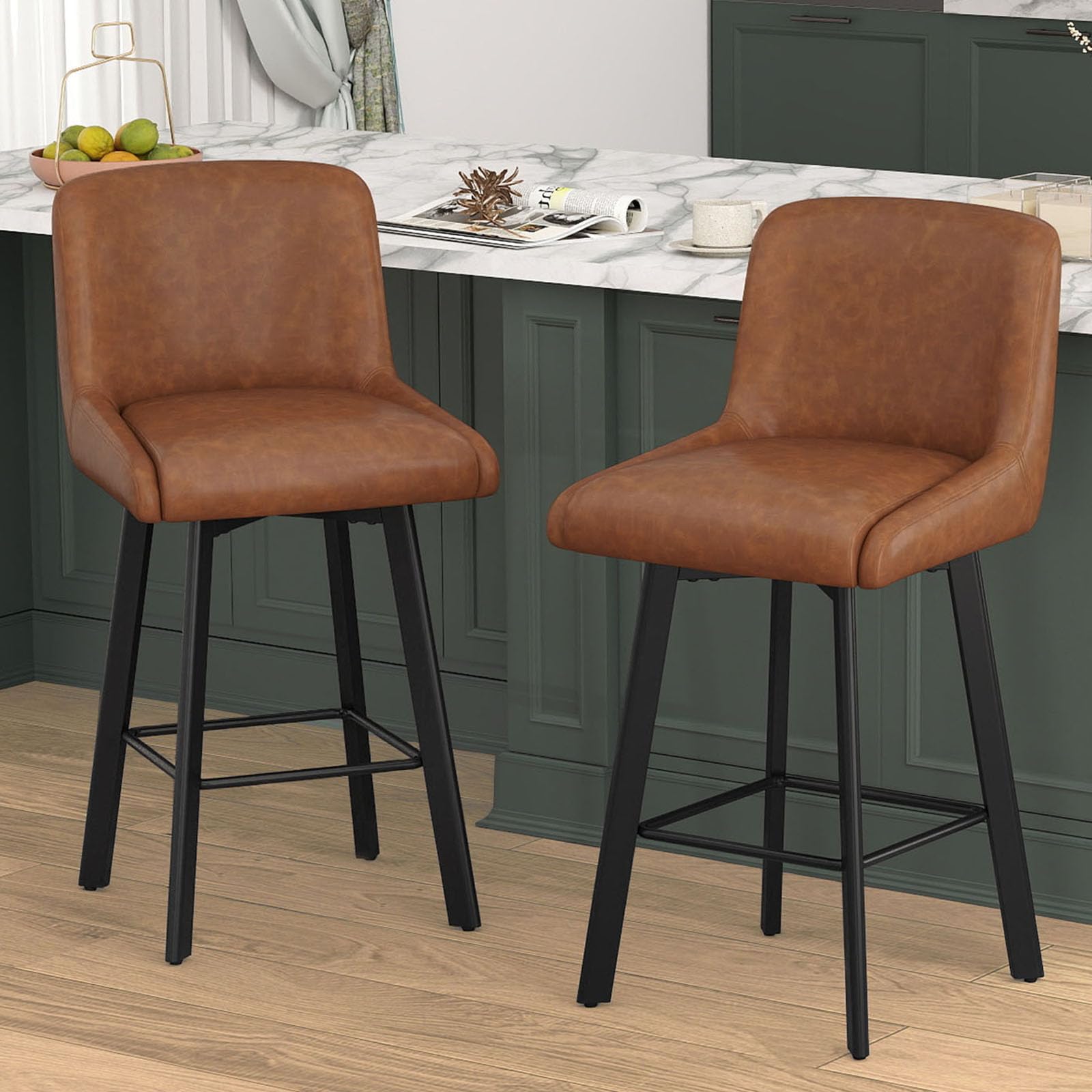 Swivel Bar Stools Set of 2, 26''H Upholstered Barstools with Backs, Modern Counter Height Bar Stool Chairs for Kitchen Island, Metal Legs, Faux Leather, Brown Counter Stools