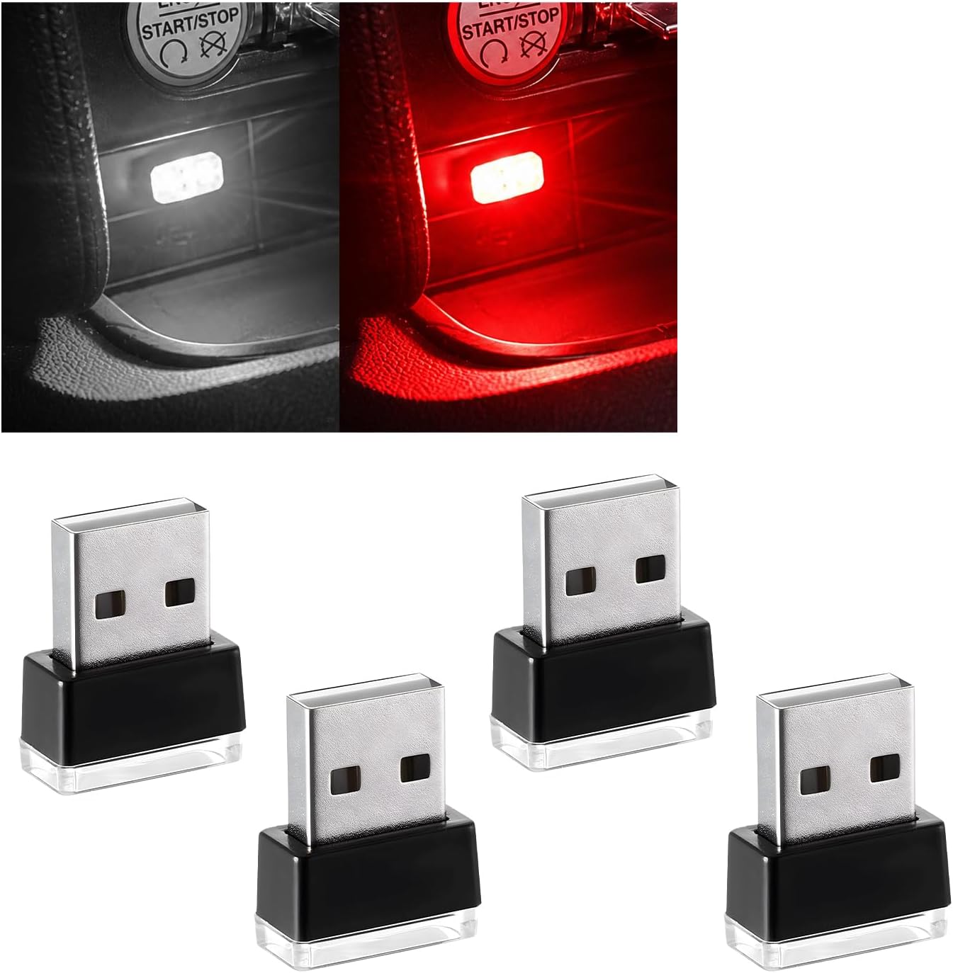 Augeny 4 PCS USB LED Car Interior Atmosphere Lamp, Plug-in USB Decor Night Light, Portable Auto Ambient Lighting Kit, Universal Vehicle Interior Accessories for Most Cars (White & Red)