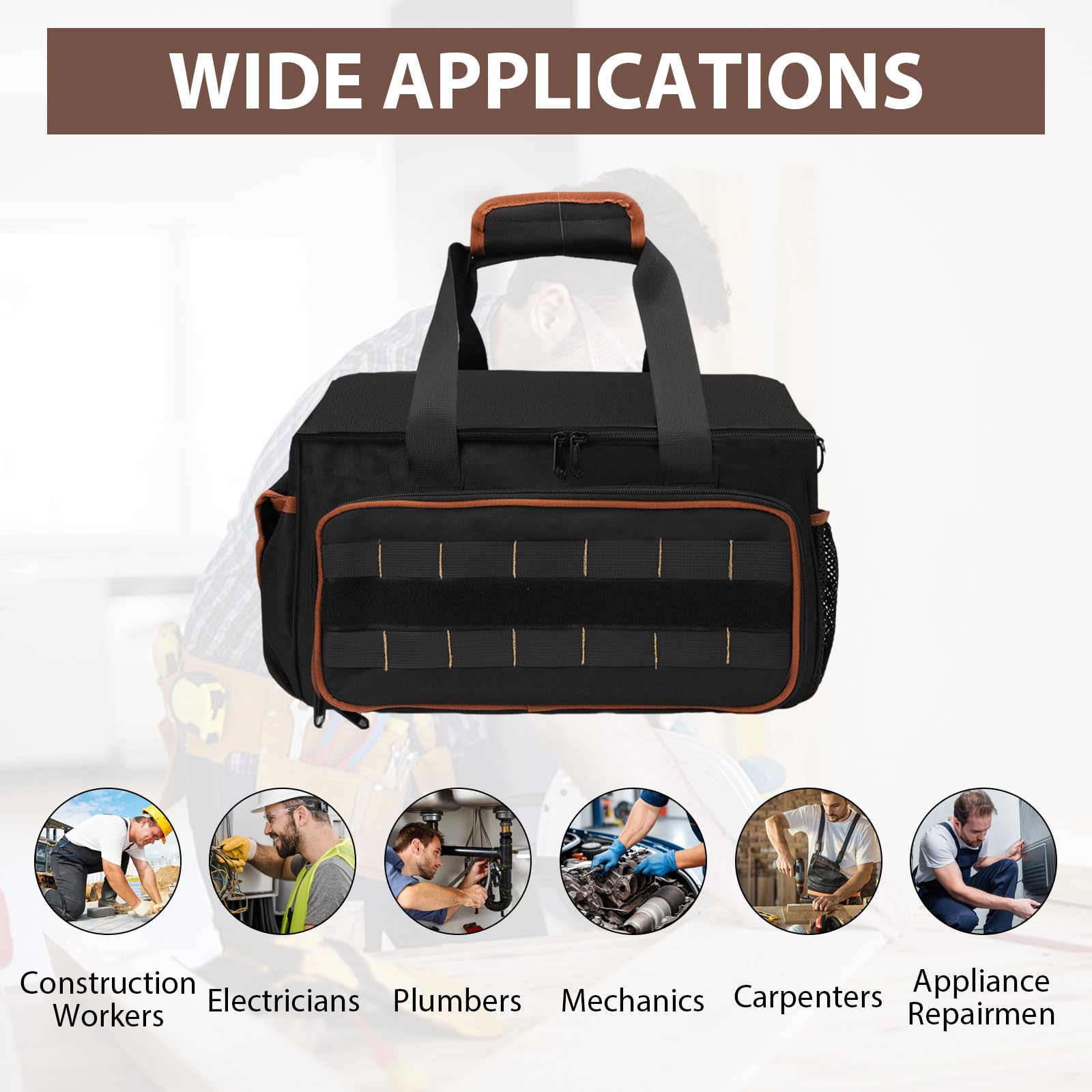 BigKing 17" Sac à outils pour homme avec poches multiples, sac à outils électricien, tissu Oxford 900D, avec fond antidérapant, organisateur porte-outils pour électriciens, menuisier