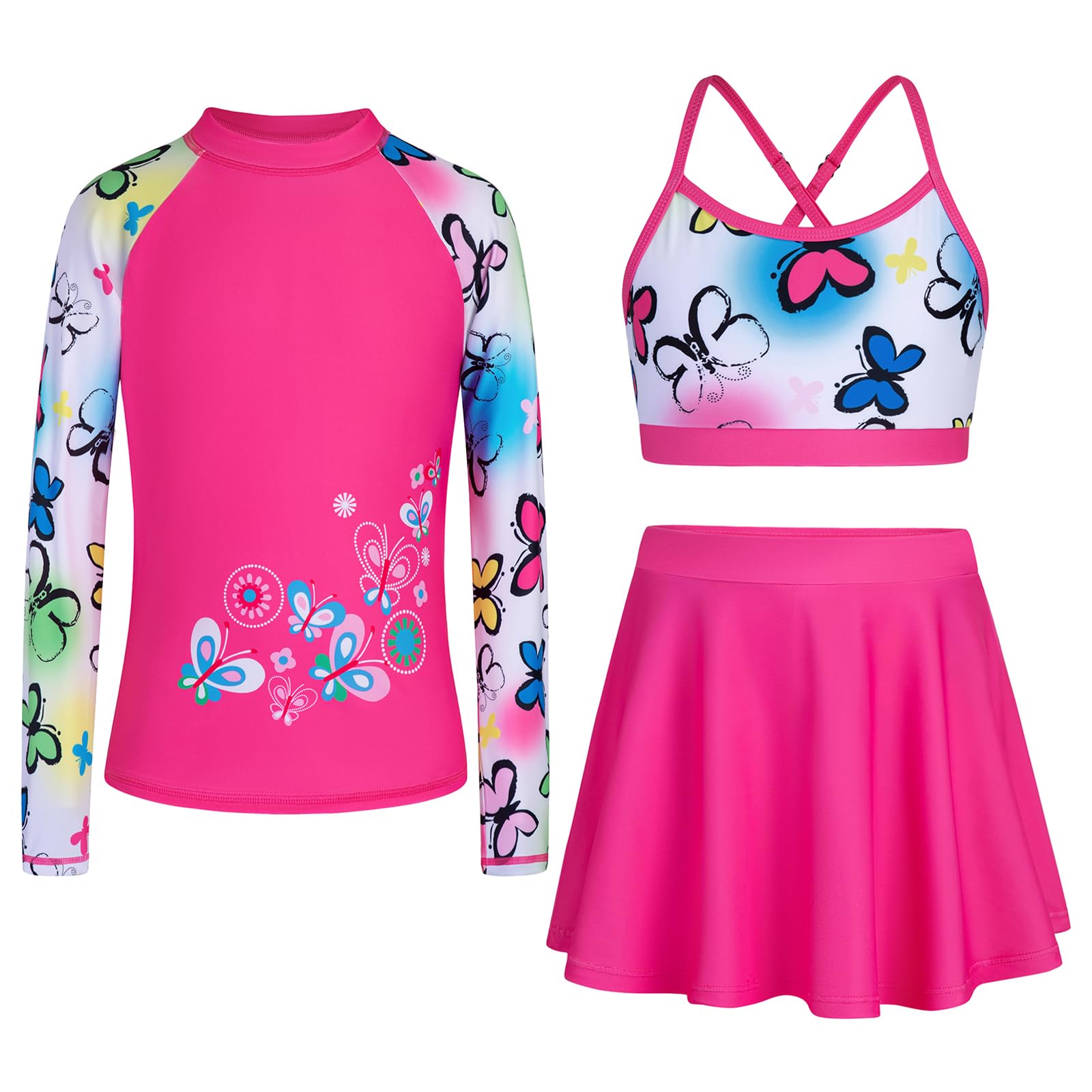 Girls Swimsuit Long Sleeve Swim Shirt 3 Piece Rash Guard for Girls Bathing Suit with Boyshorts