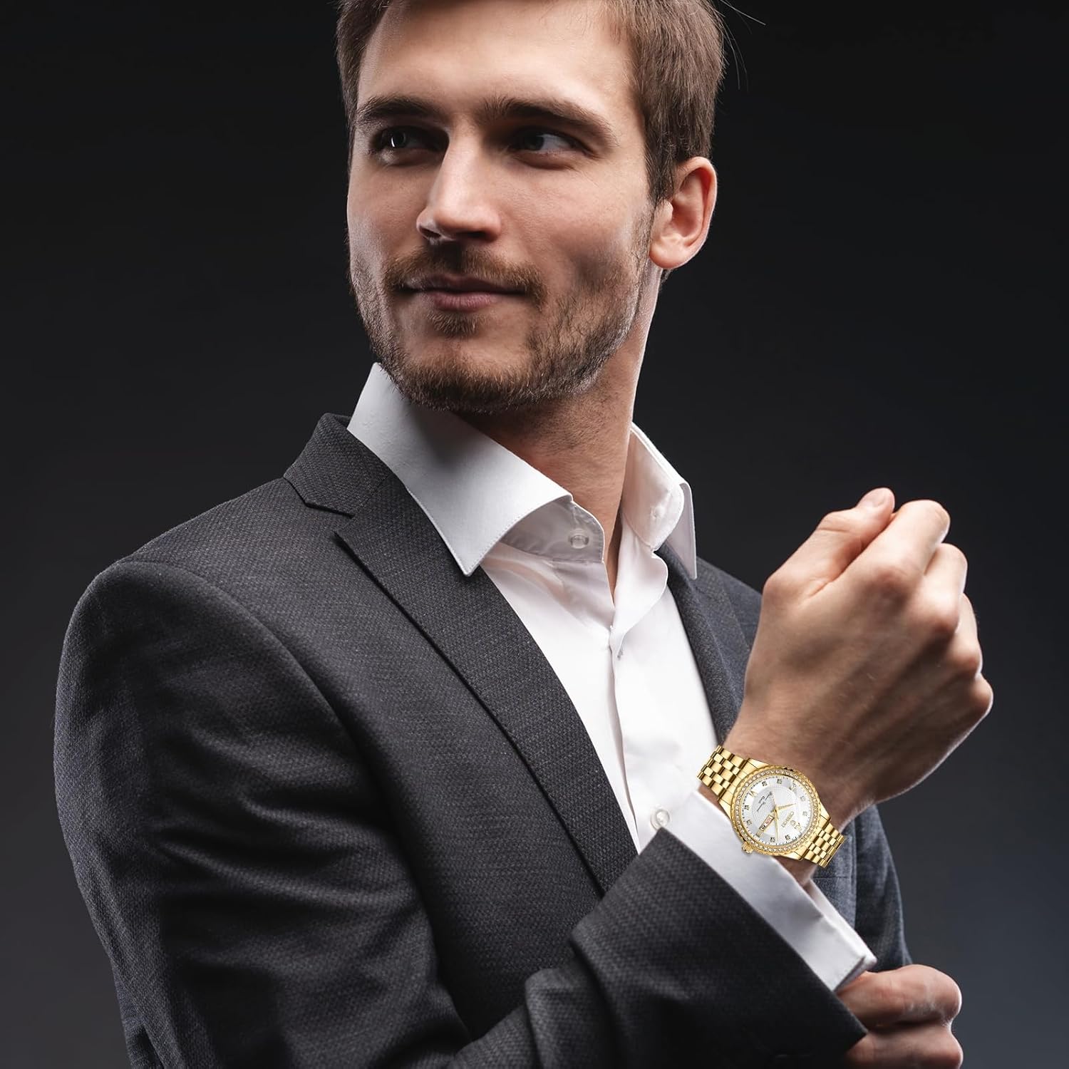 OIDEA Couple Quartz Watches for Men: Luxury Full Rhinestones Diamond Bezel Round Dial Wrist Watch Waterproof Luminous Calendar Week Date Business Dress Watch Valentine's Day Gift