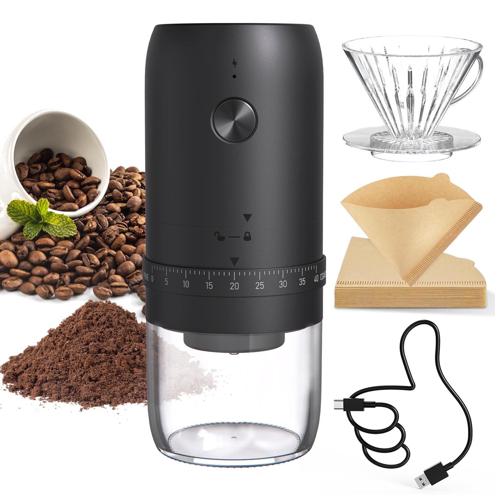 CIRCLE JOY Macinacaffè elettrico a cono, ricaricabile a bassa velocità e nucleo in ceramica resistente al calore, regolazione esterna della grana grossa, filtro caffè e 50 filtri di carta