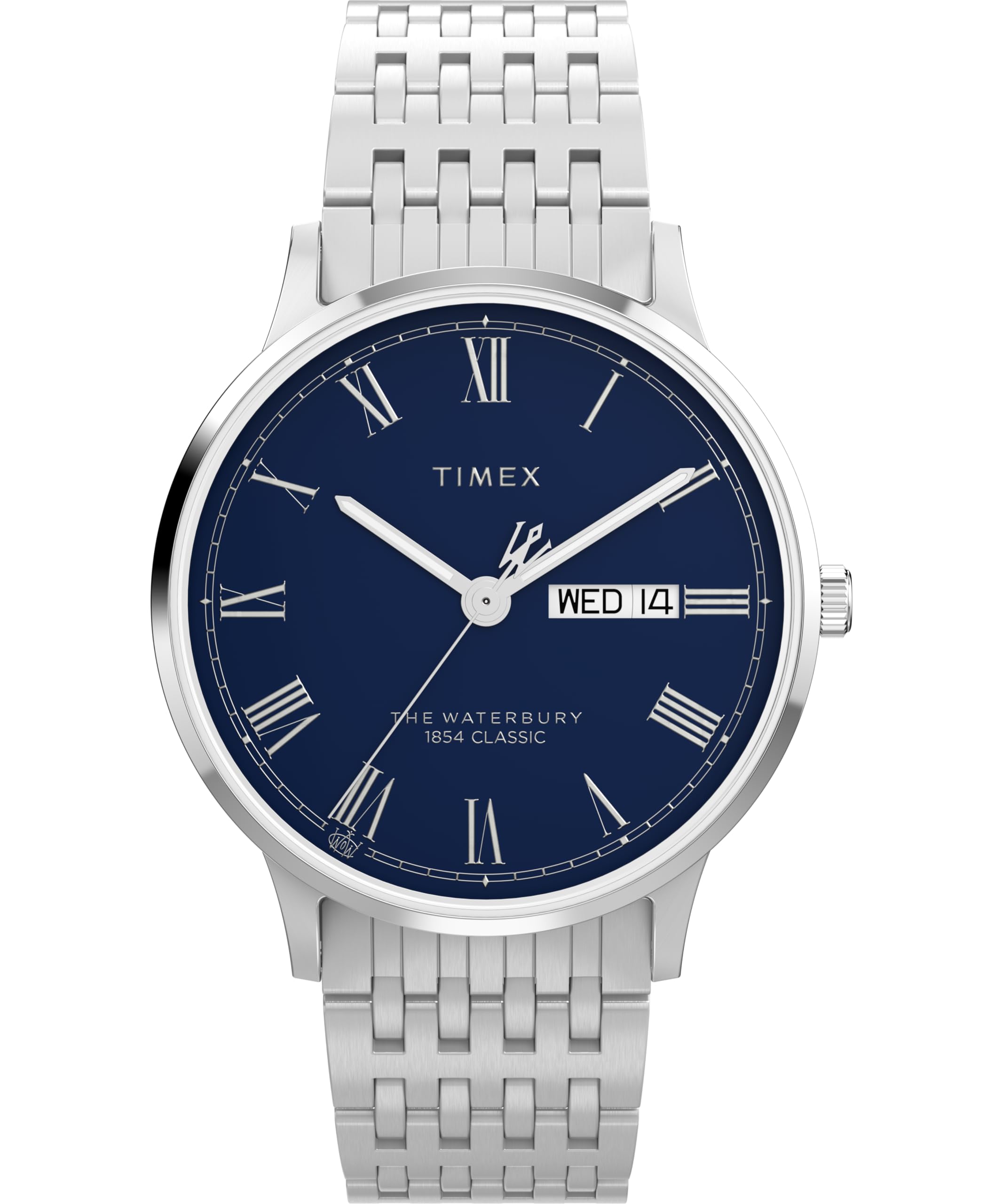 Timex Waterbury 40mm watch with blue dial and stainless steel bracelet