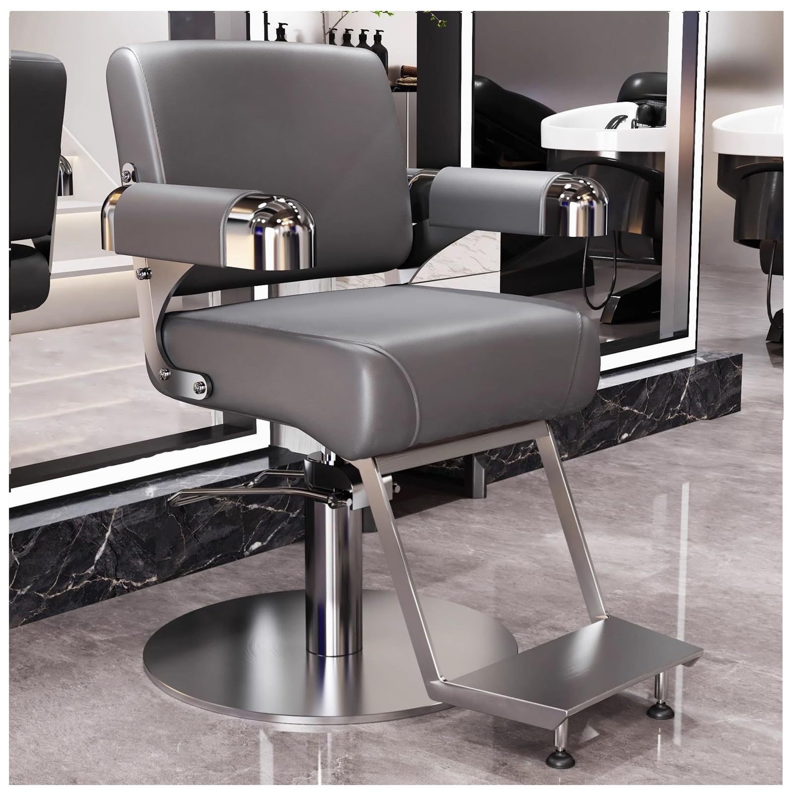 Sedia da Barbiere Professionale, Sedia da Salone in Pelle PU con Girevole a 360° e Poggiapiedi in Acciaio,Grigio,B