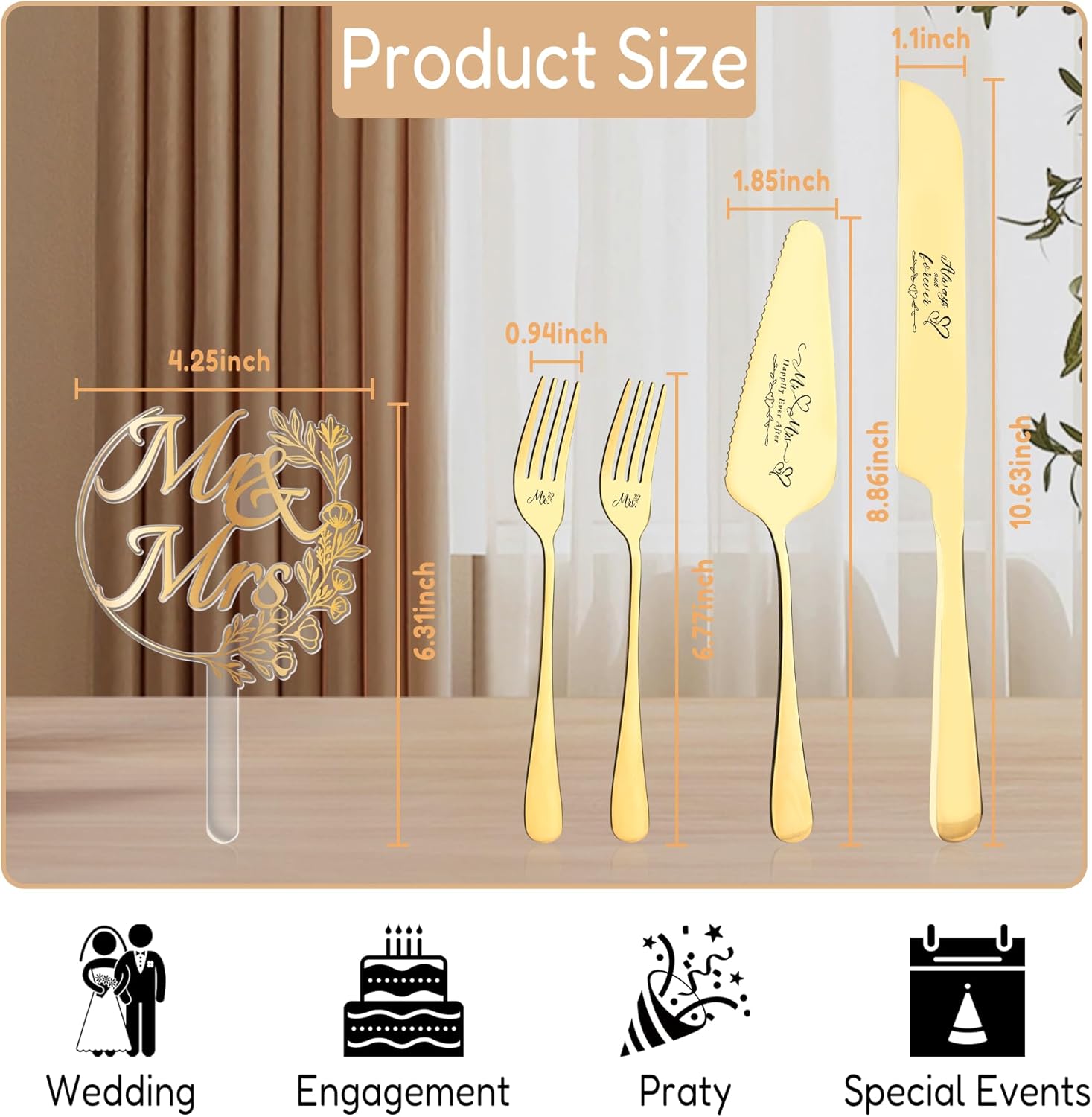 Wedding Cake Topper and Cake Knife and Server Set,Elegant Classic Acrylic Mr and Mrs Cake Topper Set for Wedding,Engagement,Anniversary,Bridal Shower