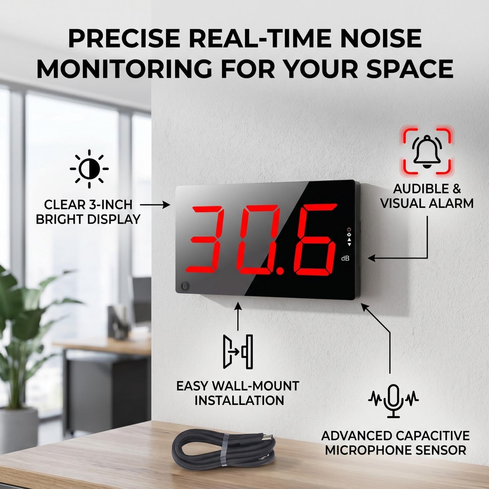 Fafeicy Medidor De Decibeles Lector De Nivel De Sonido Pantalla LCD Grande Montado En La Pared Rango De 30-130 DB Con Alarma Para Aulas Y Entornos Industriales