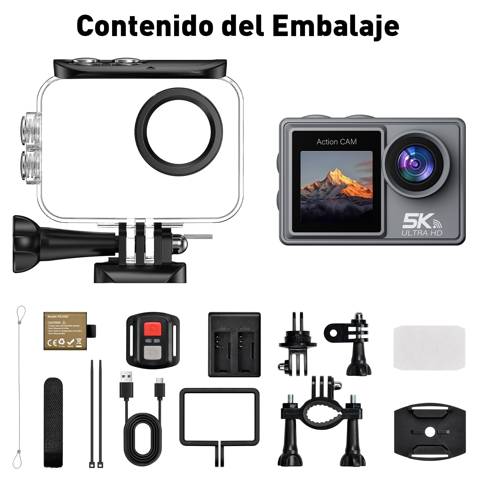Cámara Deportiva 5K/4K 50MP - Cámara Subacuática 30M con Tarjeta de Memoria de 64GB, Estabilizador EIS, WiFi, 2 Baterías, Gran Angular 170°, Control Remoto, Ideal para Buceo, Casco camara moto