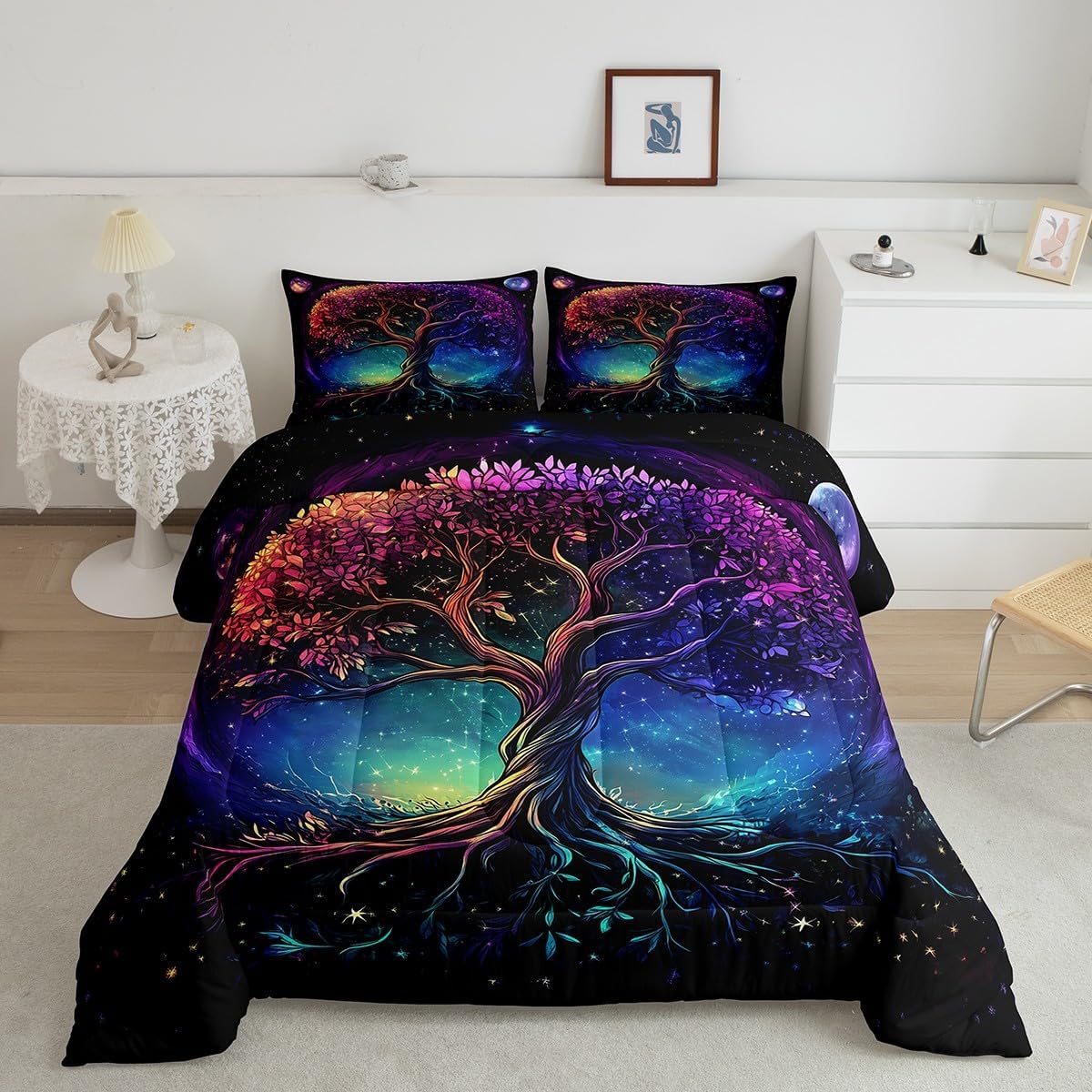 Castle Fairy Boho Life Tree Comforter Set Toddler Size Western Magical Style Bedding Set Bedroom Decor Dreamy Galaxy Nebula Quilt Set for Kids Boys Girls Nature Tree Duvet Insert 2Pcs