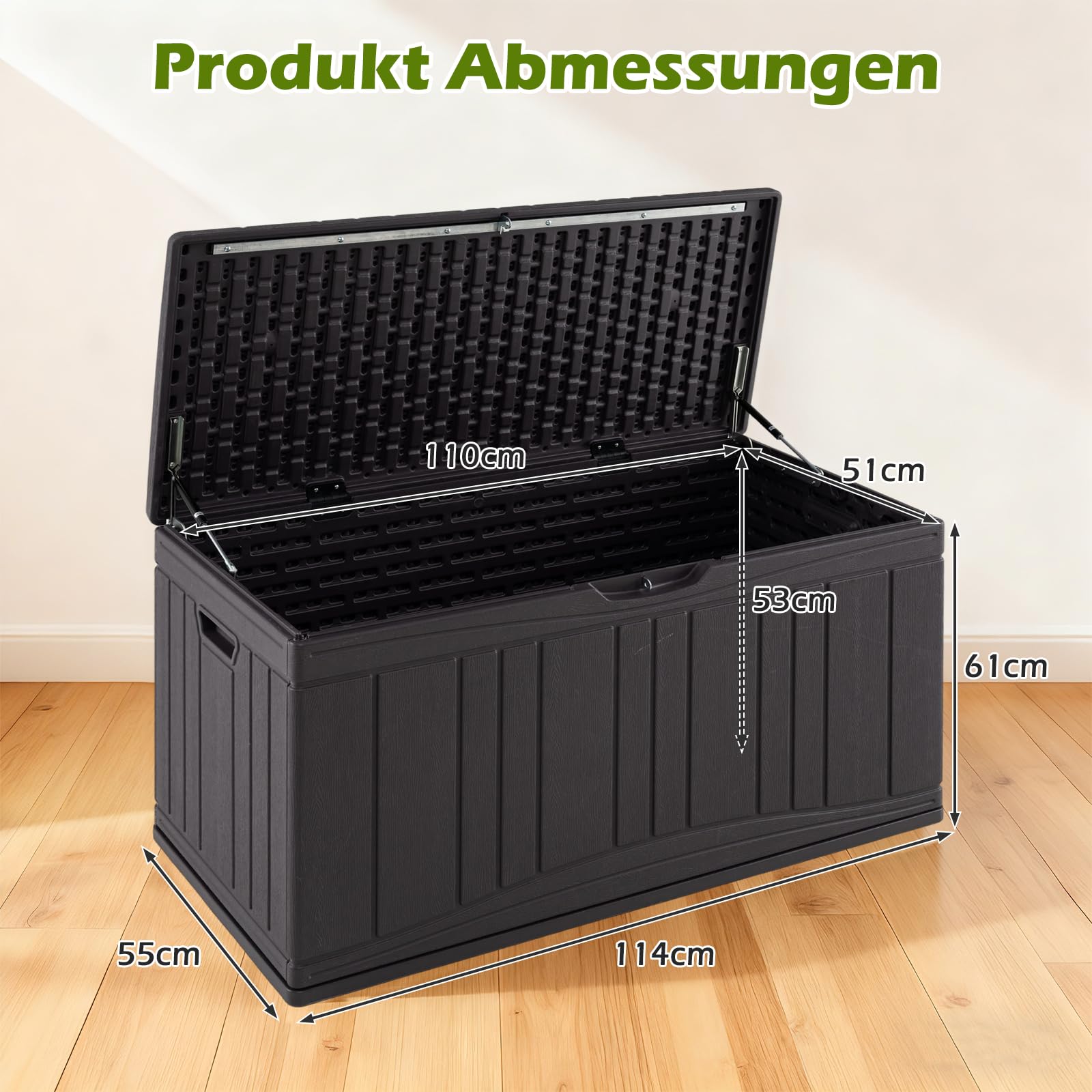 COSTWAY Gartenbox 300L, Auflagenbox mit abschließbarem Deckel & Gasdruckfedern, Aufbewahrungsbox wetterfest, Kissenbox Outdoor für Paketzustellung, Gartengeräte, Kissen & Poolzubehör (Braun)