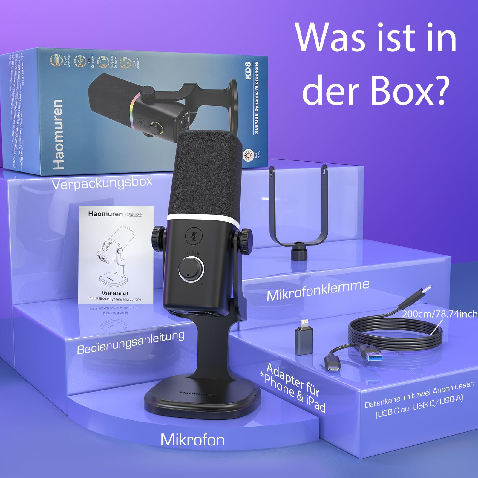 Haomuren Dynamisches Mikrofon XLR/USB für Gaming-Podcast, für *Phone,Telefon,PC,Gaming-Streaming-Mikrofon mit RGB-Licht, Stummschalttaste, Mikrofonverstärkung, Desktop-Ständer, Singen, YouTube