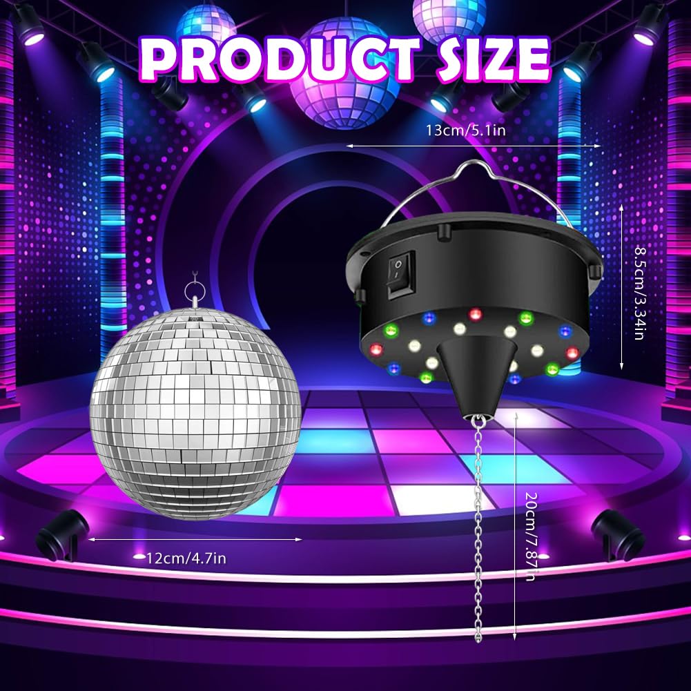 Sfera da discoteca con motore, sfera girevole, regolabile 5/8/10/15 giri/min, con sfera a specchio argentata da 15,2 cm e 4 luci colorate, 18 perline LED, telecomando per feste, effetti di luce da
